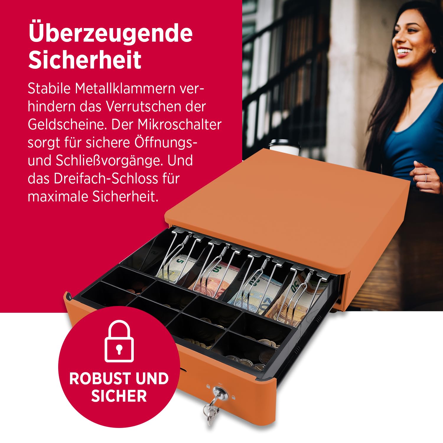 OLYMPIA S 330 Orange | Cassetto contanti con 8 scomparti per monete e 4 scomparti per banconote, robusto cassetto per cassa in metallo, registratore di cassa controllabile elettrico con serratura e