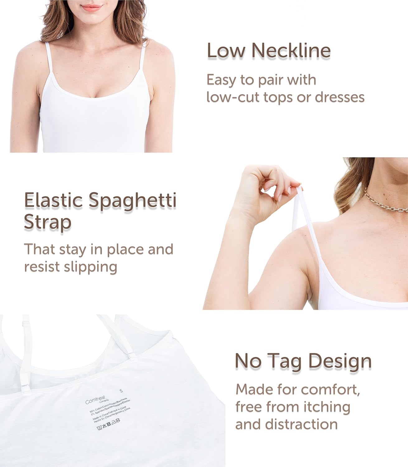 Comfneat Women's 4-Pack Slim-Fit Camisoles Cotton Adjustable Spaghetti Strap Top Underwear - Image 4