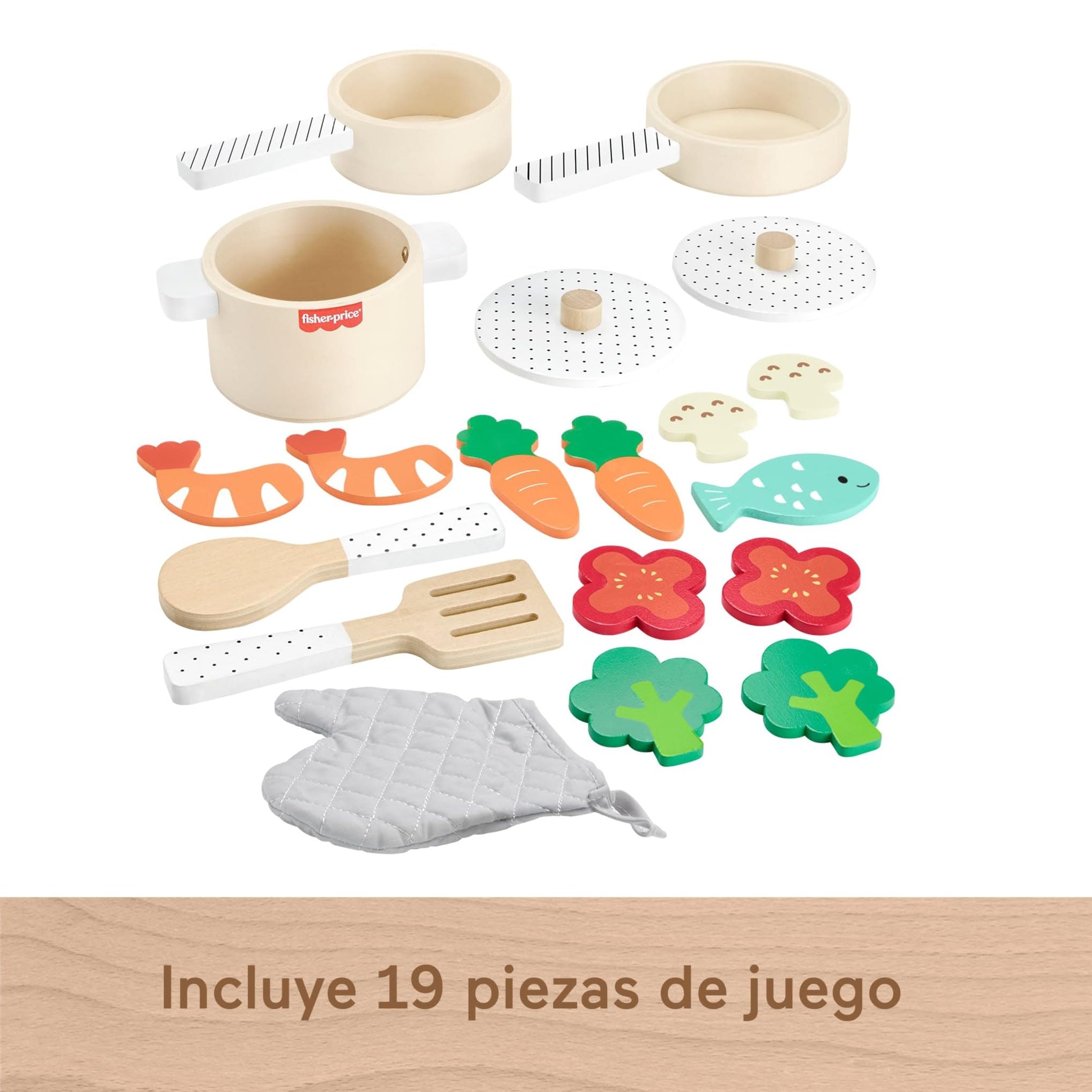 Fisher-Price Set de Cocina de Madera, Juguete de imitación con 19 Piezas Fabricadas con Material Certificado FSC, Juego Inspirado en Montessori, +3 años (HXT83)