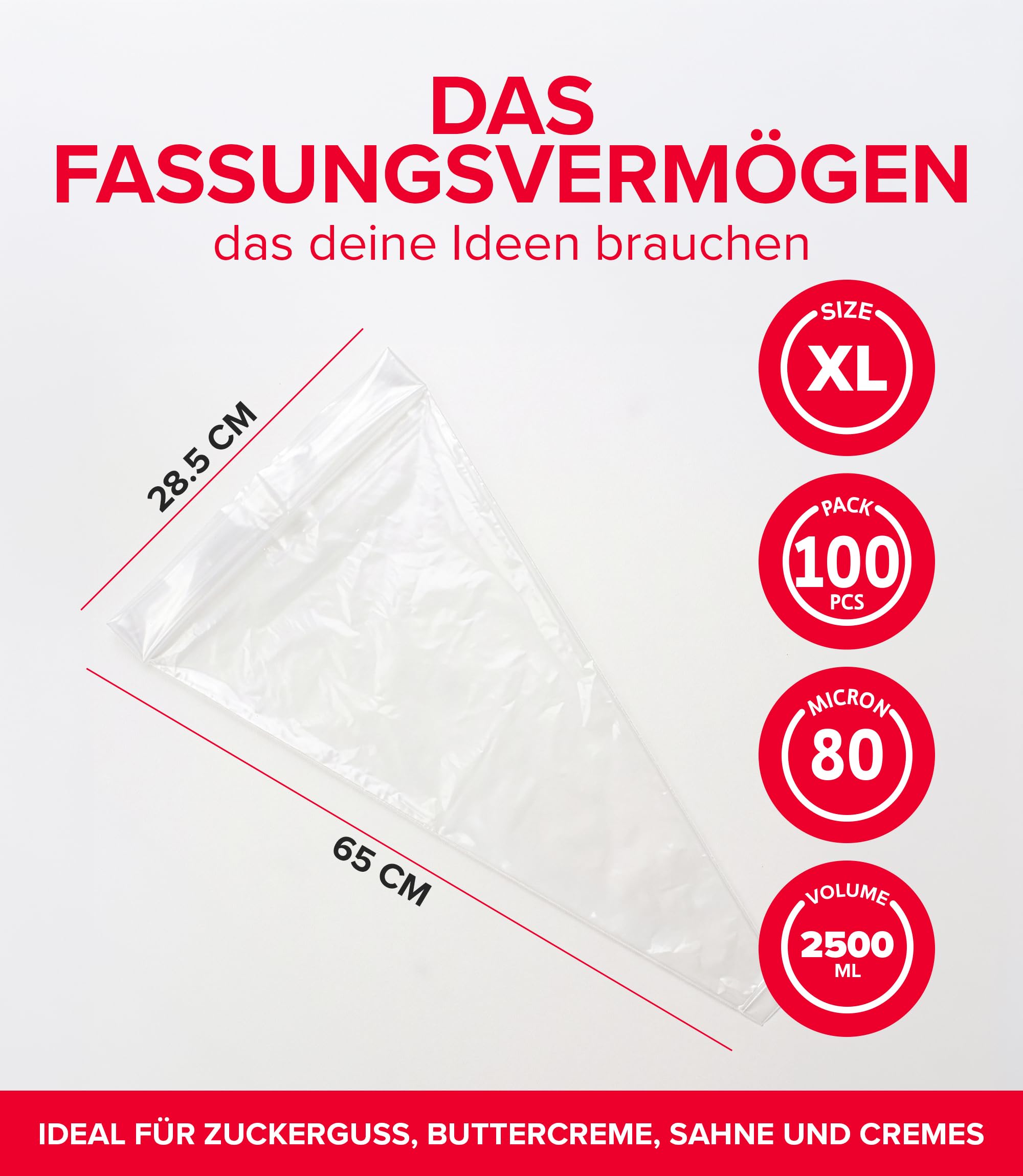 dekora - Spritzbeutel Einweg 100 Stück, 65 cm Größe XL, 80 Mikron, reißfest | Mehrschichtig, transparent und extra reißfest; für Cremes, Glasuren und Schokolade sowie zur Aufbewahrung vor dem Dressieren.