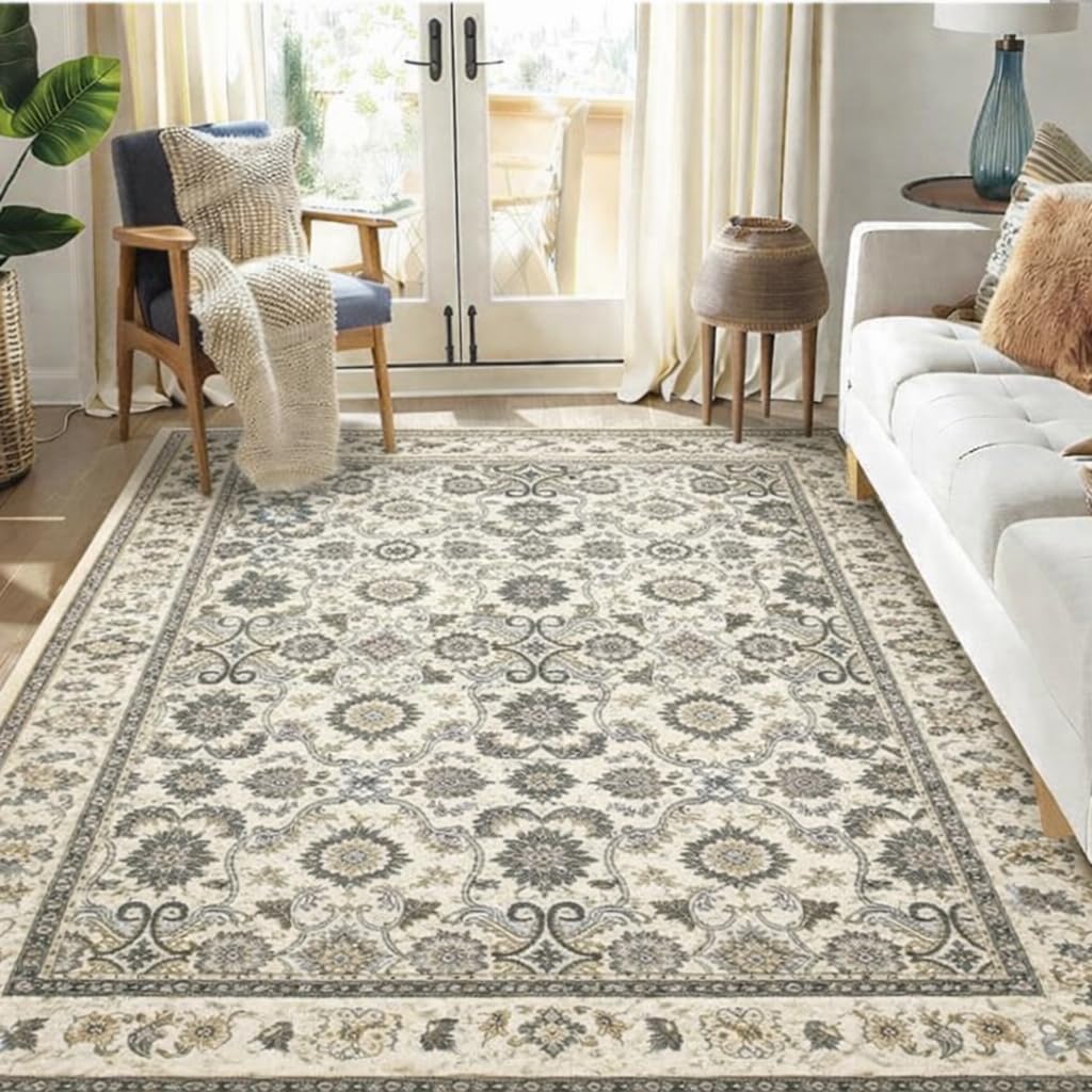 HOMETHREADS Vintage Light Luxury 5x7 Feet Area Rug | 11mm Thick Soft Anti-Fatigue Cushioned Carpet with Non-Slip Backing for Living Room, Bedroom, Studio, Lounge & Entrance(Border_Khaki,210x160Cm)-image-6
