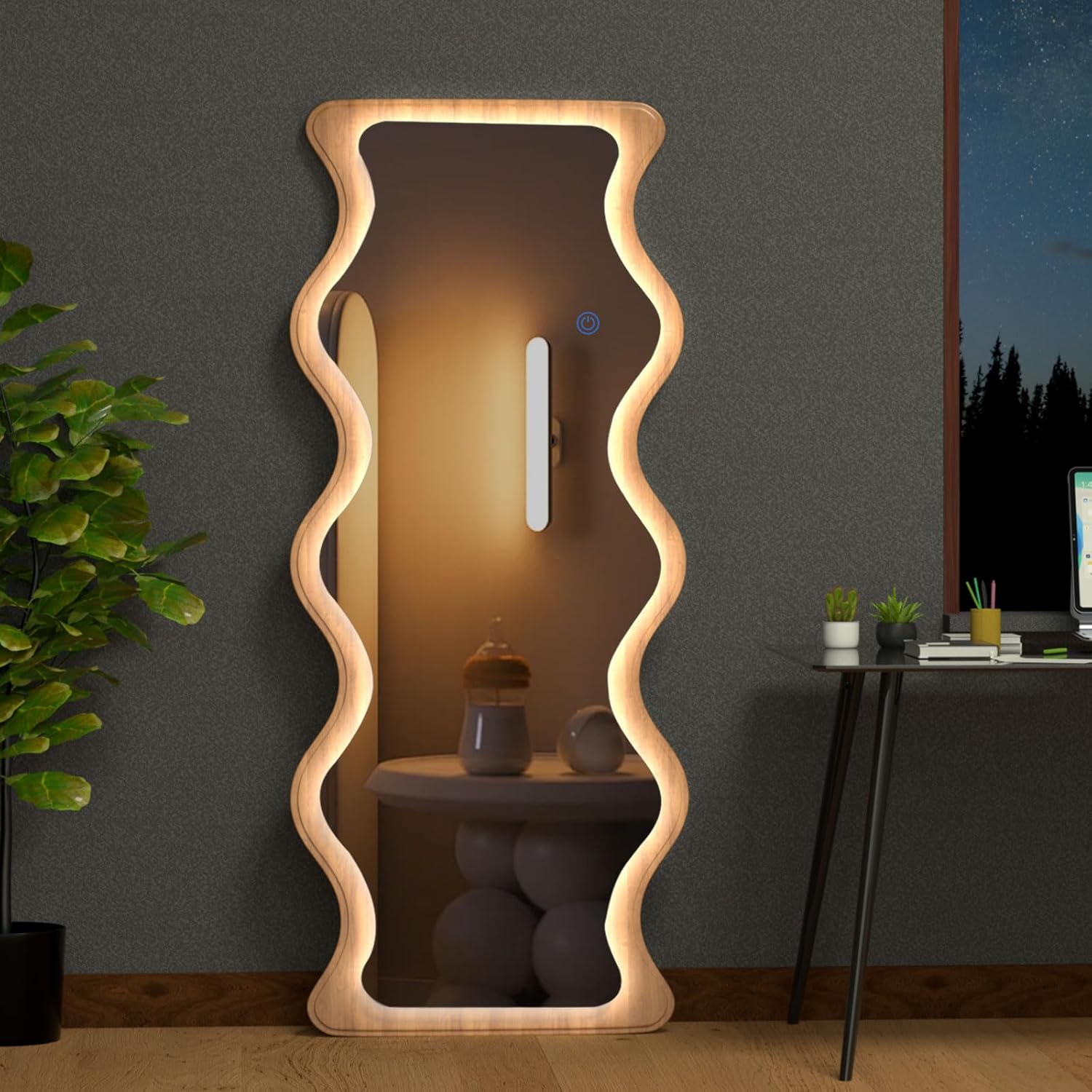 COOL2DAY 65" x 24" Led Wavy Full Length Mirror with Lights, Shatter-Proof Hanging/Leaning Irregular Wall Mirror, Wooden Led Floor Mirror for Dressing Bedroom Living Room