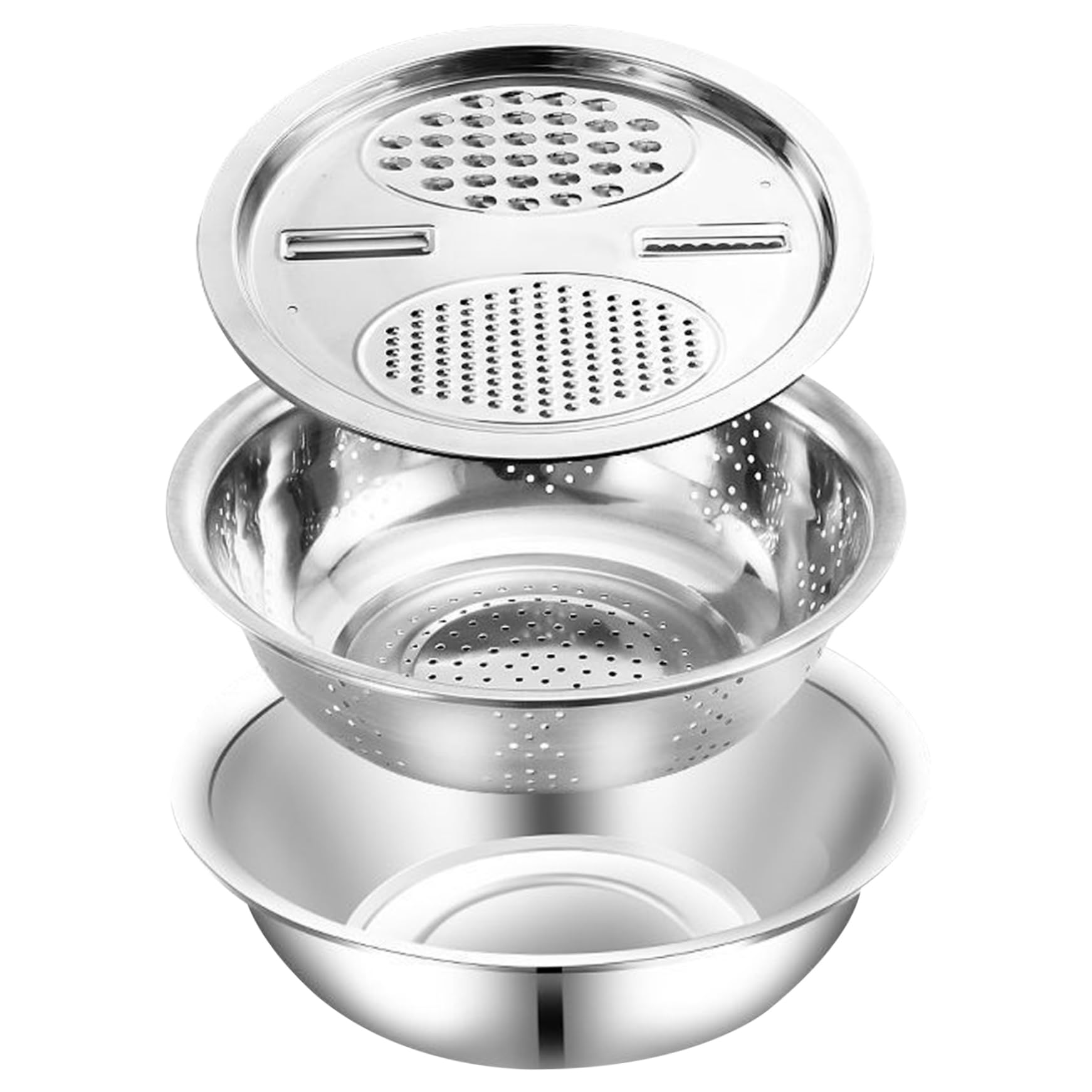 Multifunctional Stainless Steel Basin 3Pcs, 3 In 1 Stainless Steel Basin, Colander and Grater, Drain Basin with Mixing Bowl ? Slicer for Cooking, Prepping, Food Storage Stainless Steel Colander