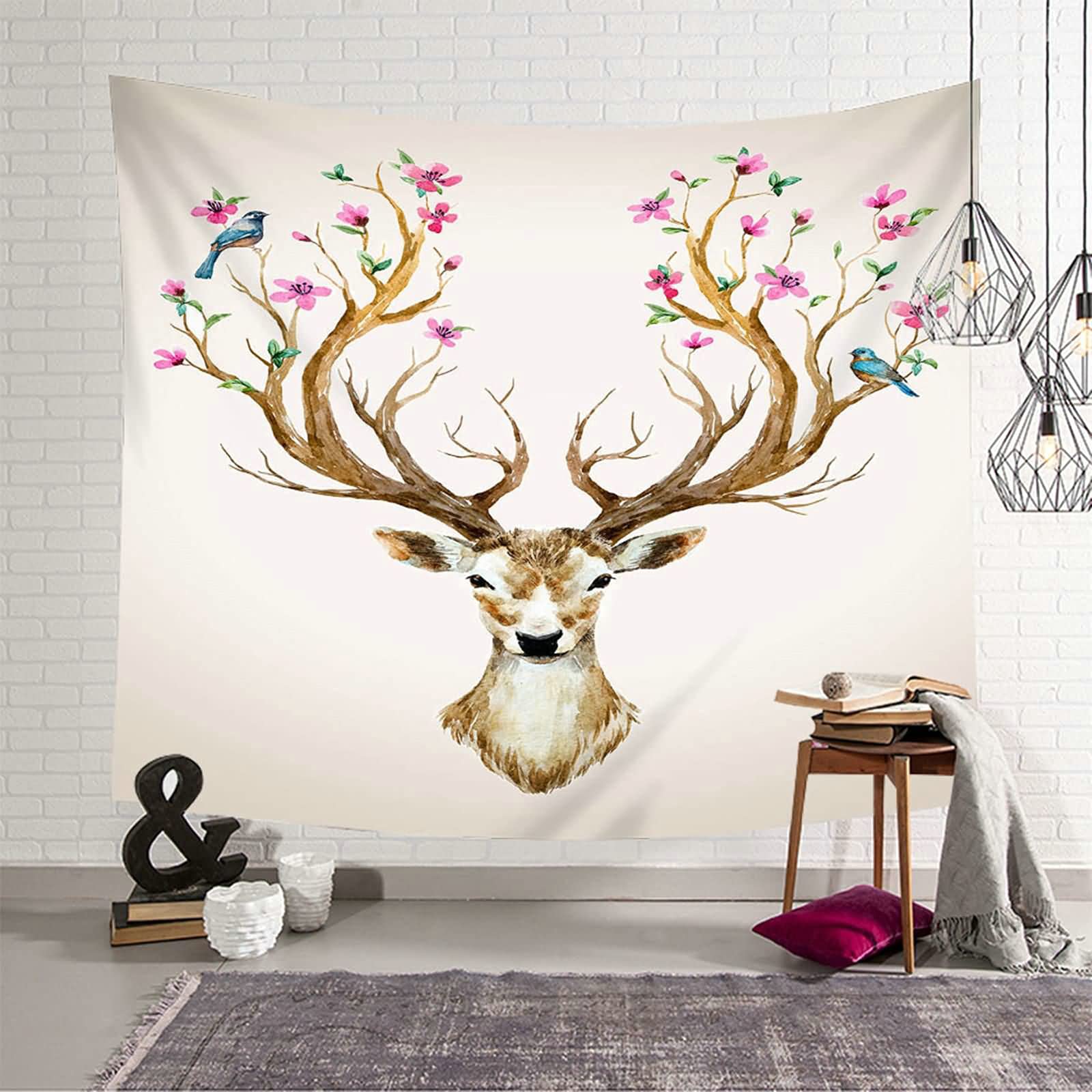 Tapiz de pared textil con diseño de ciervo Sika y pájaros decorativos