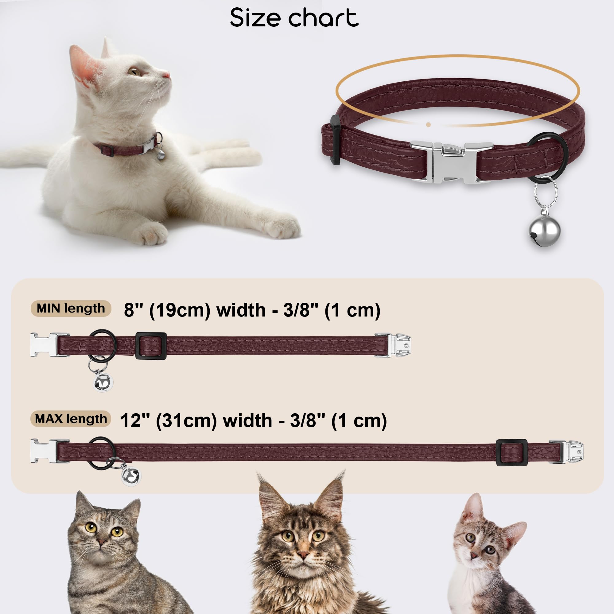 Collar de cuero para gato con hebilla y campana extraíble, no se rompe, ajustable, suave, de seguridad, para mascotas, para niñas, niños, gatos, gatitos (borgoña)