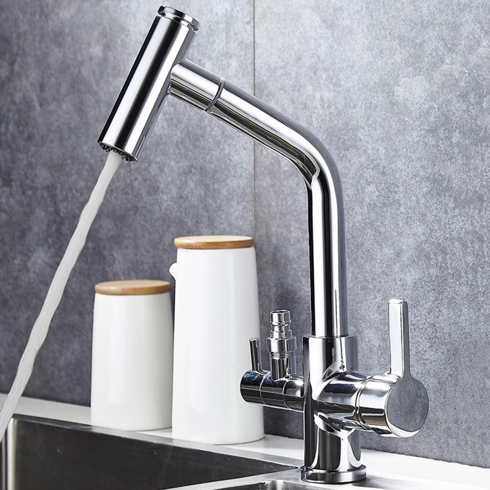 ZQFHSX Kitchen Faucet with Dishwasher Connection, Pull Out Down Sink Tap, Swivel Hot and Cold Water, Double Handle Brass-Chrome Plated