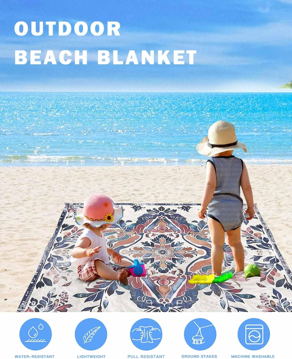 Boho Abstract Flower Leaves Texture Beach Blanket Waterproof Sandproof Outdoor Picnic Mat 118"x108" Ethnic Vintage Floral Art Lightweight Large Beach Blankets with 4 Stake & 4 Corner Pockets