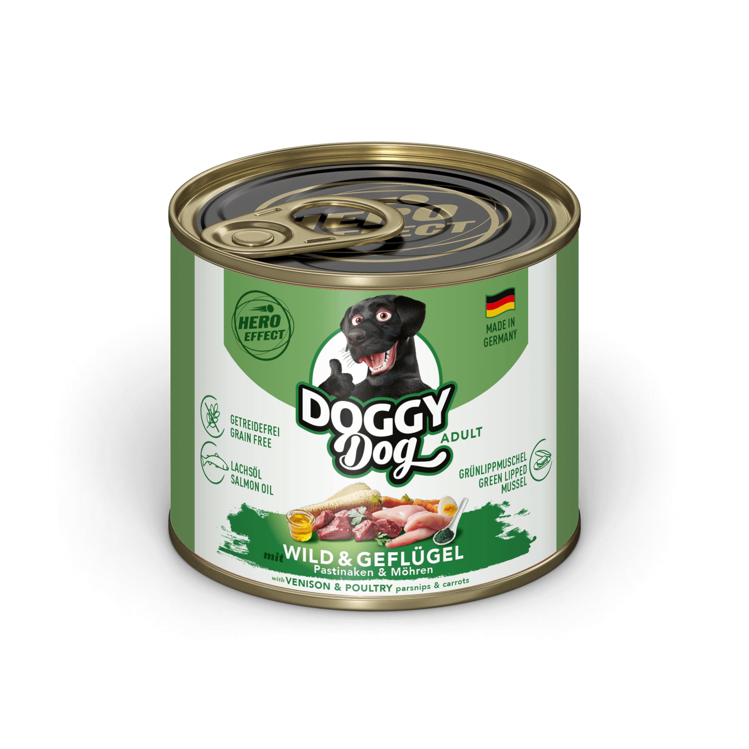 Doggy Dog Paté Wild & Volaille - 6 x 200 g - Nourriture Humide pour Chien - sans céréales - avec Huile de Saumon et Moule à lèvres Vertes - Aliment Complet avec panais et Carotte - Fabriqué en