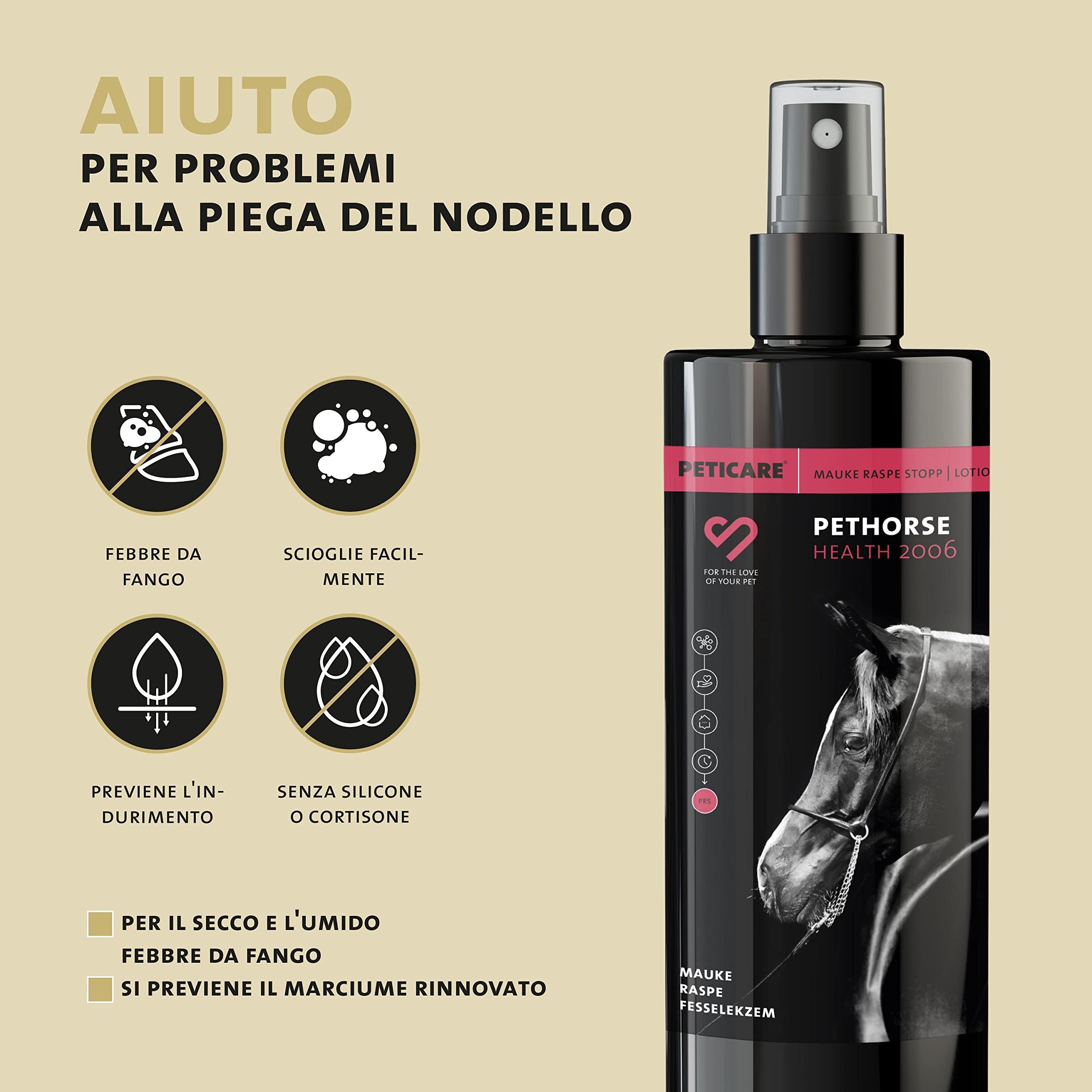 Peticare Cavallo Lozione Contro la Febbre da Fango e Le ragadi - Trattamento per Cavalli Combatte Eczema al Pastorale e del Nodello Secco e Umido - petHorse Health 2006