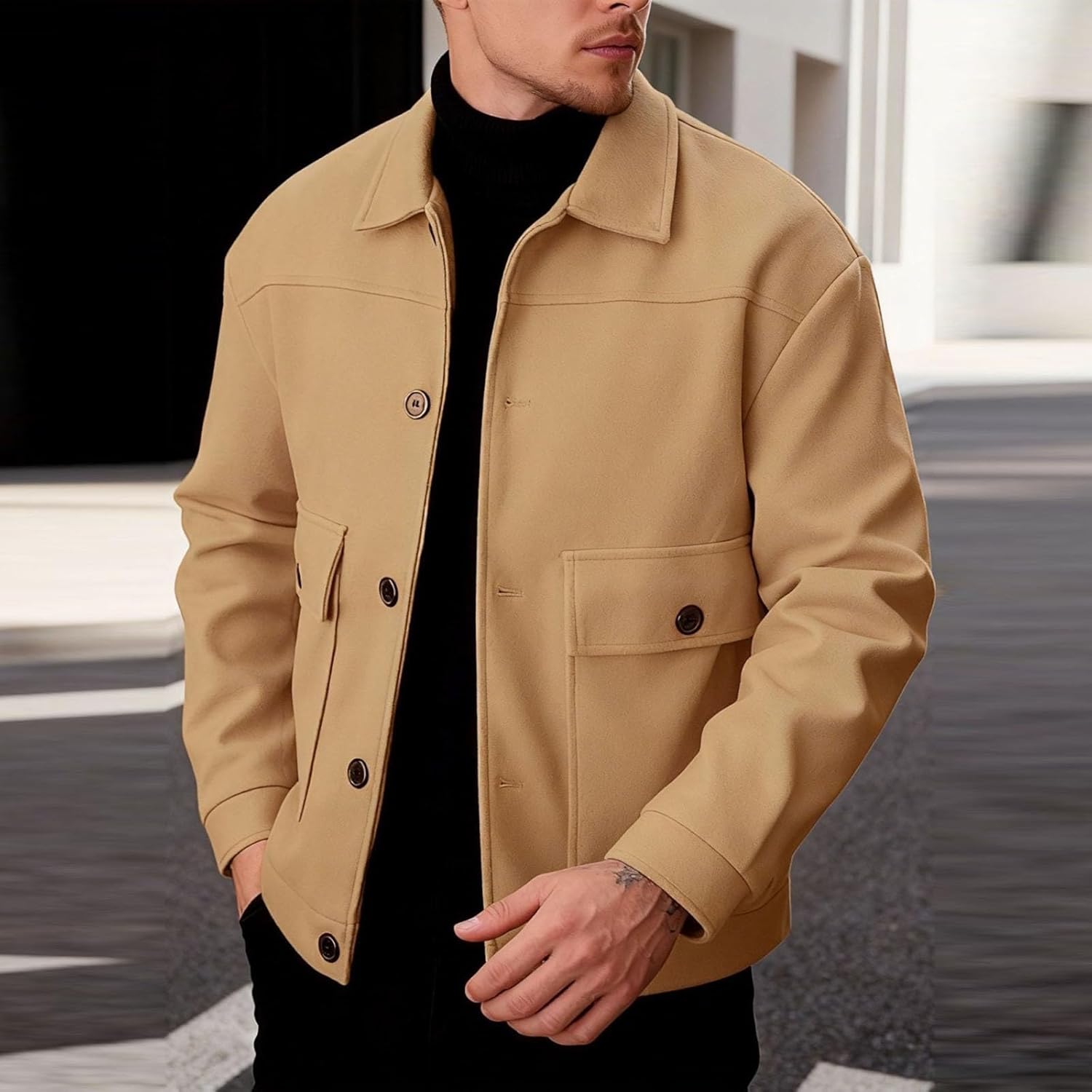 JOFOW Button Down Jacket for Men Loose Fit Lapel Collar Long Sleeve Business Work Office Casual Jackets