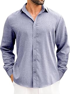 Men's Linen Shirts Long Sleeve Untucked Casual Button Down Shirt for Men Business Dress Clothes Fashion Beach Tops