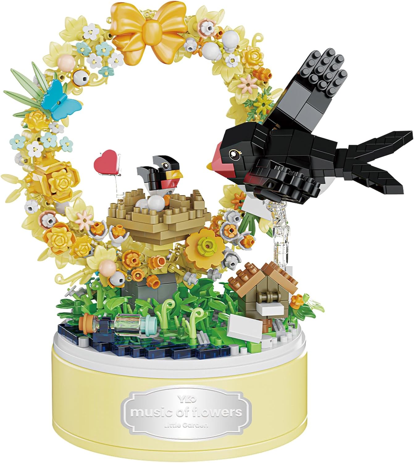 DIY Garden Toy Kit for Kids, Bird-Shaped Flower Building Set, Educational STEM Gift for Girls Boys Age 8+, Rotating Music Box Craft, Birthday Present Home Decor (Yellow