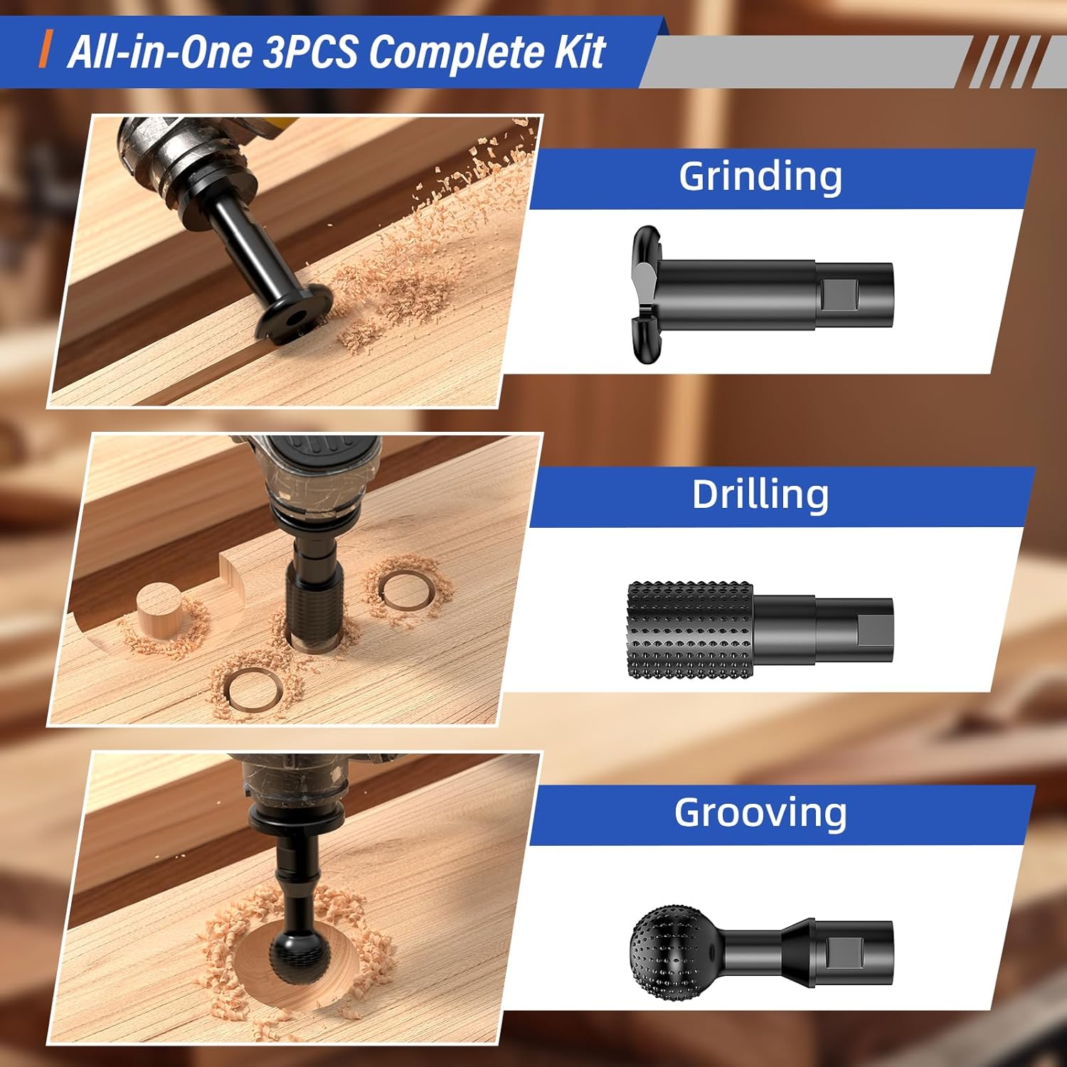 BURMONG 8PCS Wood Carving Tool Set – 3 Pcs 5/8-11 Ball Gouge for 4.5"/5" Angle Grinder + 5 Pcs 1/4" Hex Shank Rotary Rasp File, Carbide Steel Burr for Wood Hollowing, Slotting, Deburring, Shaping