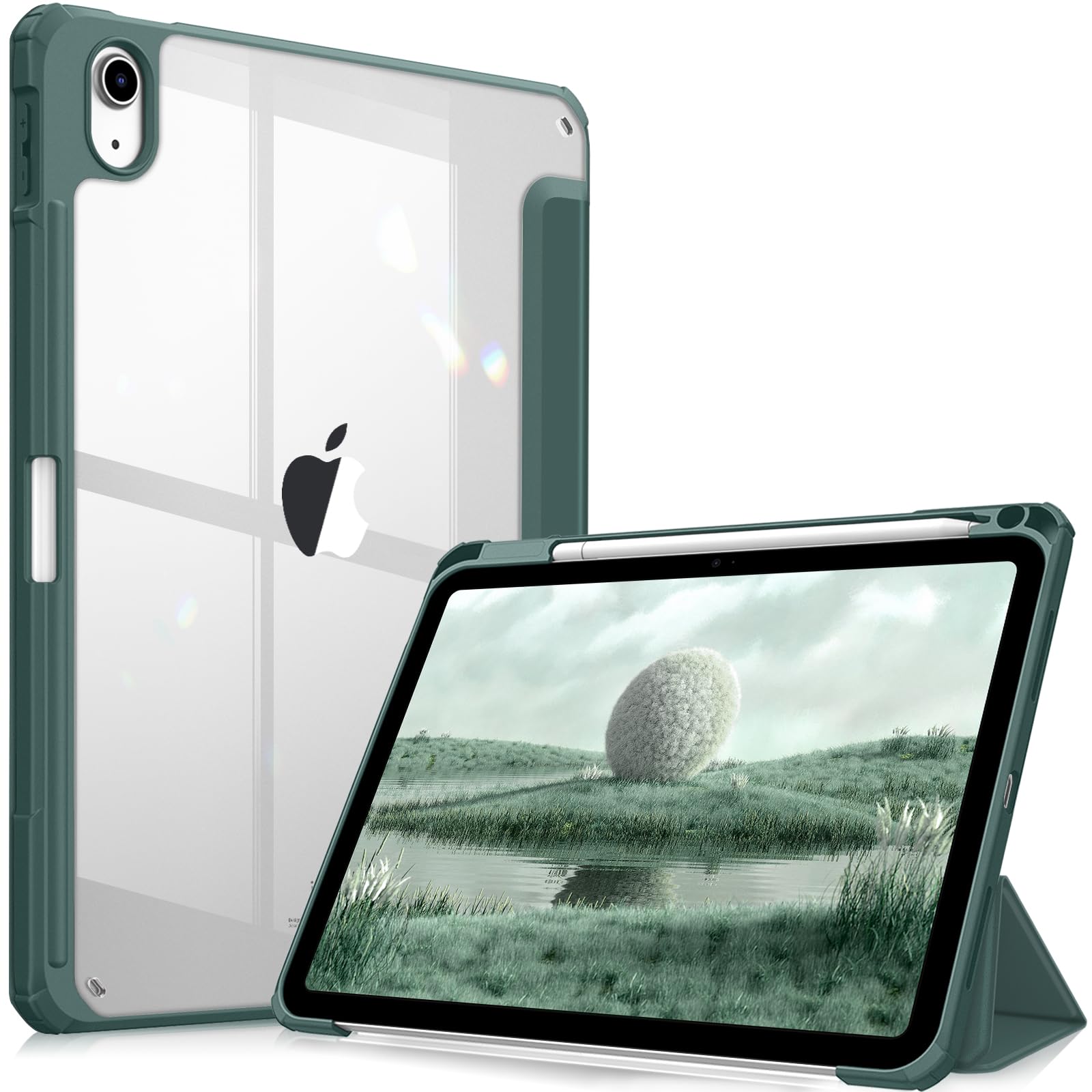Fintie Hybrid Hülle für iPad (A16) 11 Generation 11 Zoll 2025, iPad 10 Generation 10.9 Zoll 2022 mit Stifthalter - Stoßfeste Schutzhülle mit transparenter Hartschale auf der Rückseite, Dunkelgrün