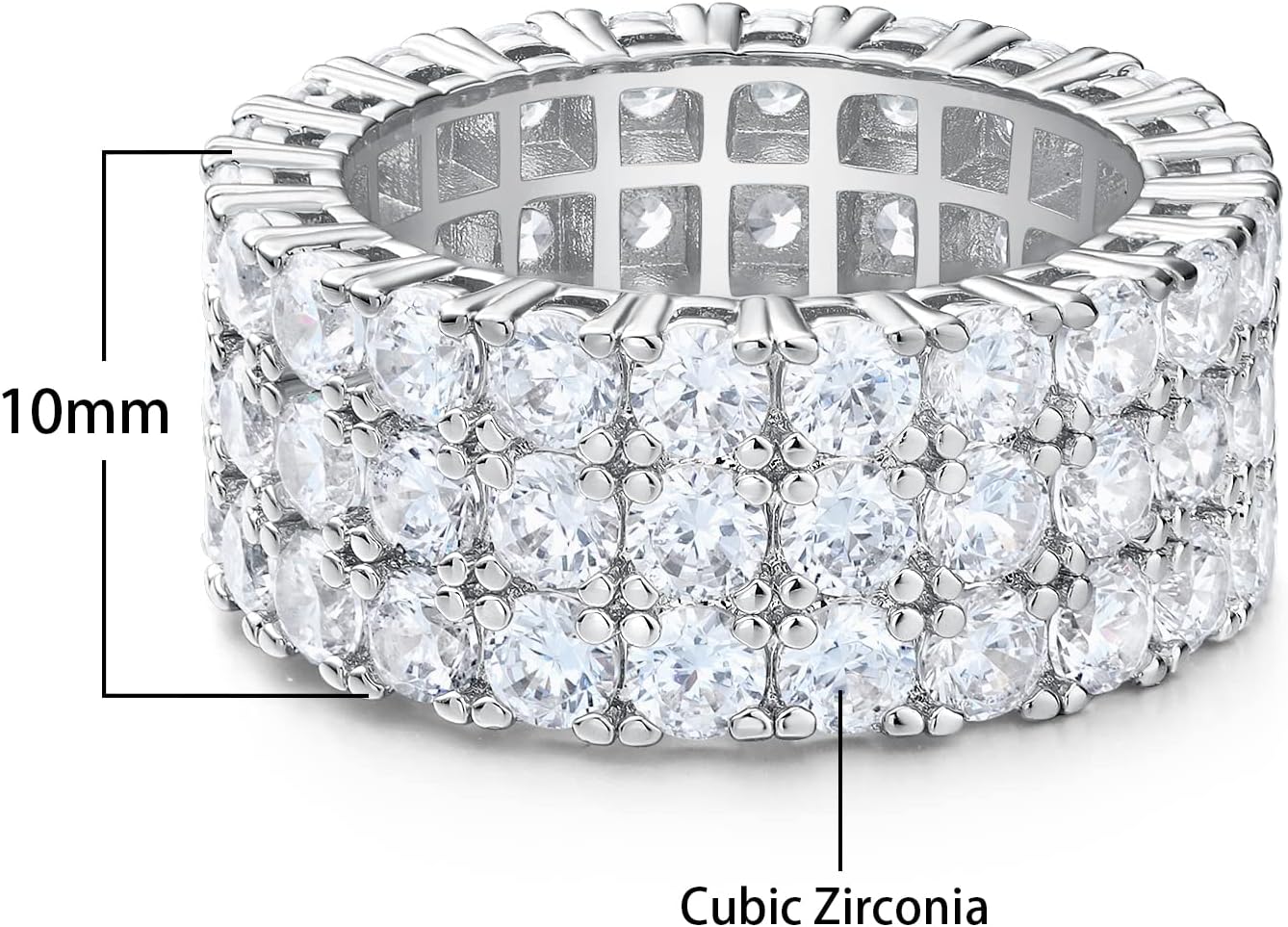 Gemsme 3 Row Cubic Zirconia Ring, 14K White Gold 3 Row Cubic Zirconia Eternity Statement Ring for Women Size 5-10 - Image 2