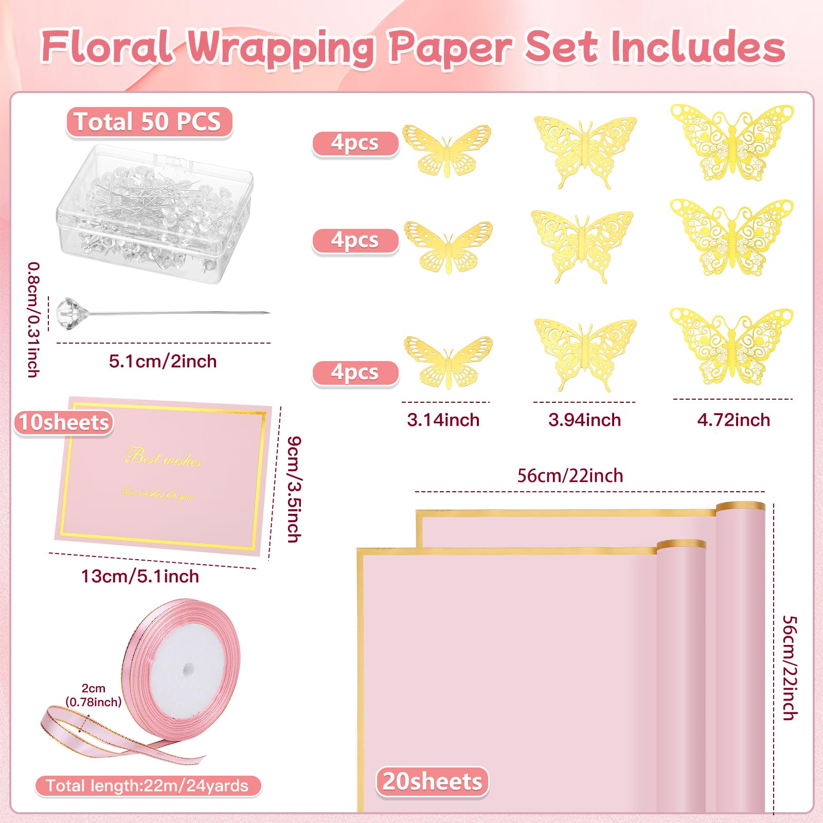 93-teiliges Geschenkpapier-Set für Blumenstrauß, 20 Blatt, wasserdichtes Geschenkpapier, 10 Grußkarten, 12 goldene Schmetterlinge, 50 Blumennadeln, 1 Rolle Band für Hochzeit, Abschlussfeier