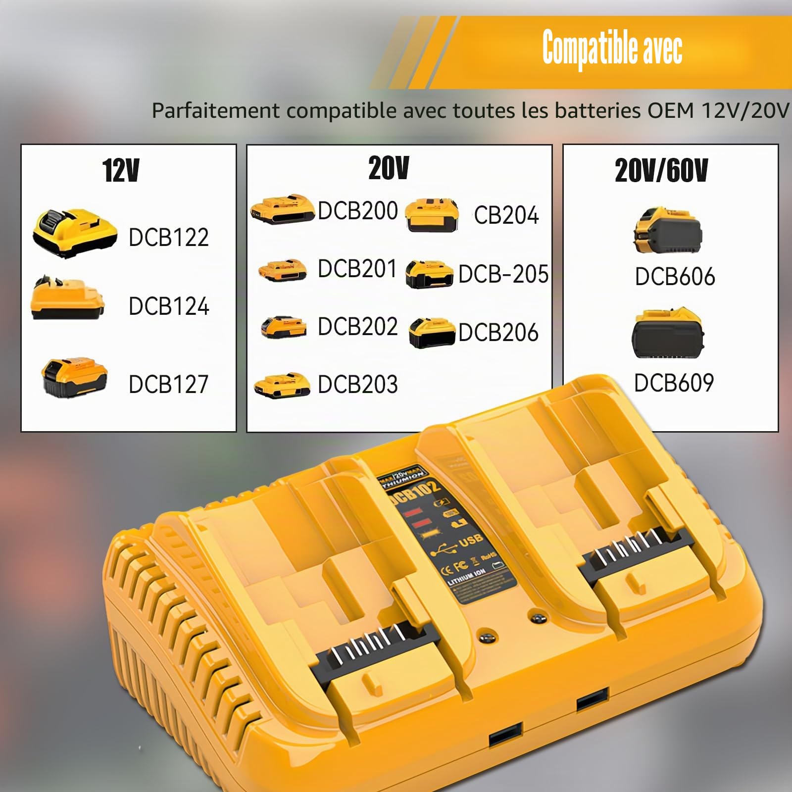 Chargeur de batterie double port pour batteries Dewalt 12 V/20 V, chargeur rapide compatible avec les batteries au lithium série DCB