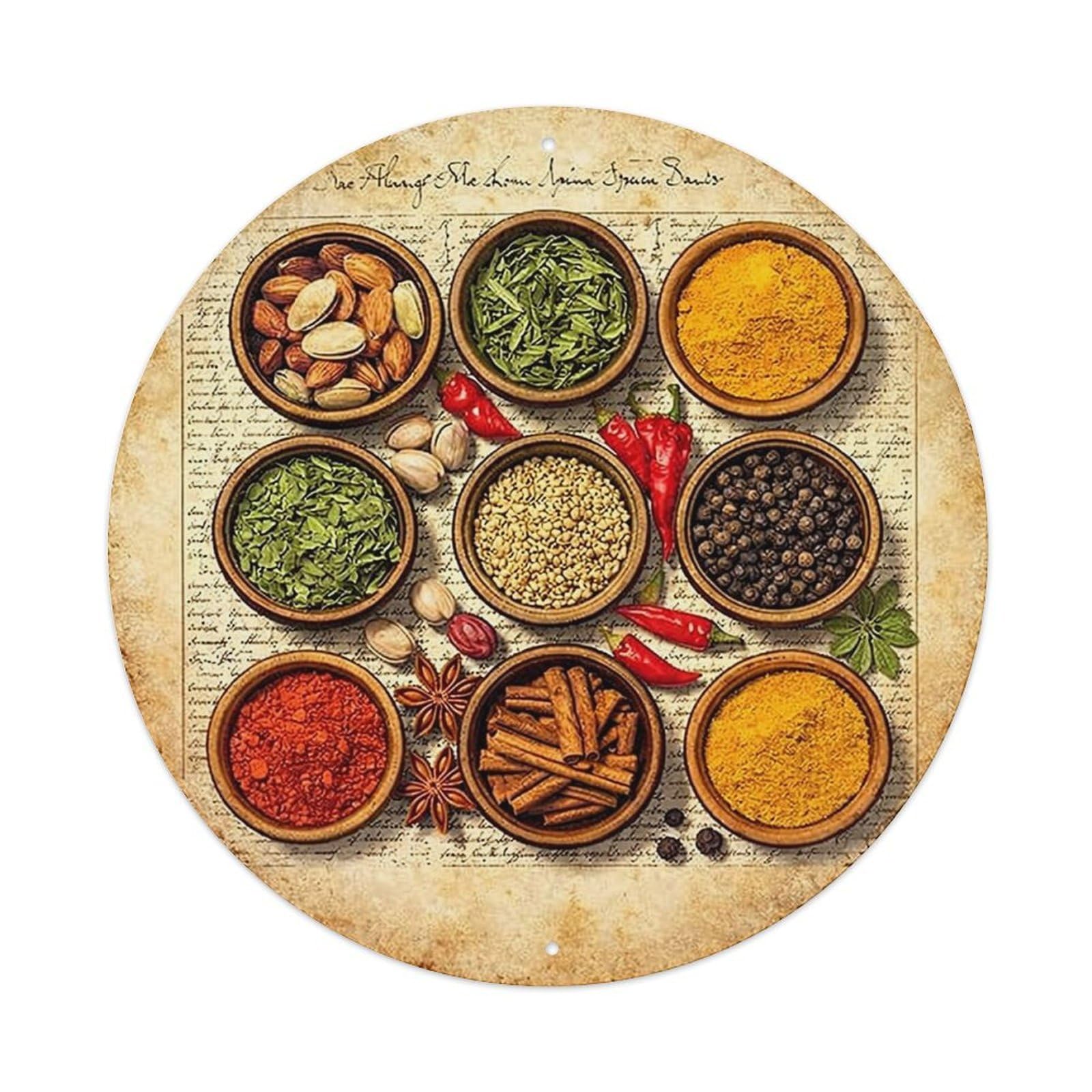 Jdyaojiesheng Vintage Spice Arrangement Circular Pattern Print Round Tin Sign Retro Metal Wall Decor Metal Poster, Home Bar Garage Farmhouse Cafe Wall Art Decoration 8X8inch