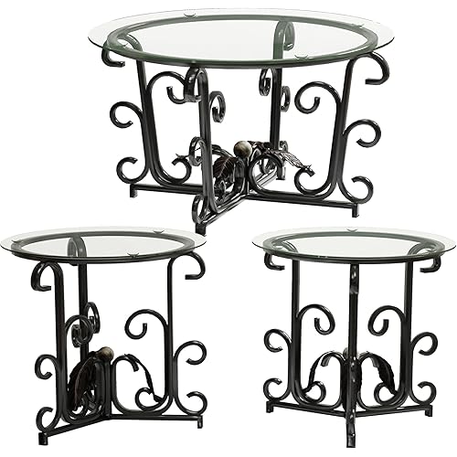 KEIKI 3 Piece Round Coffee Table Set with Tempered Glass & Metal Frame – Modern Living Room Tables, Scratch-Resistant, Space-Saving 1 Coffee Table + 2 End Tables for Apartments & Small Space, Black
