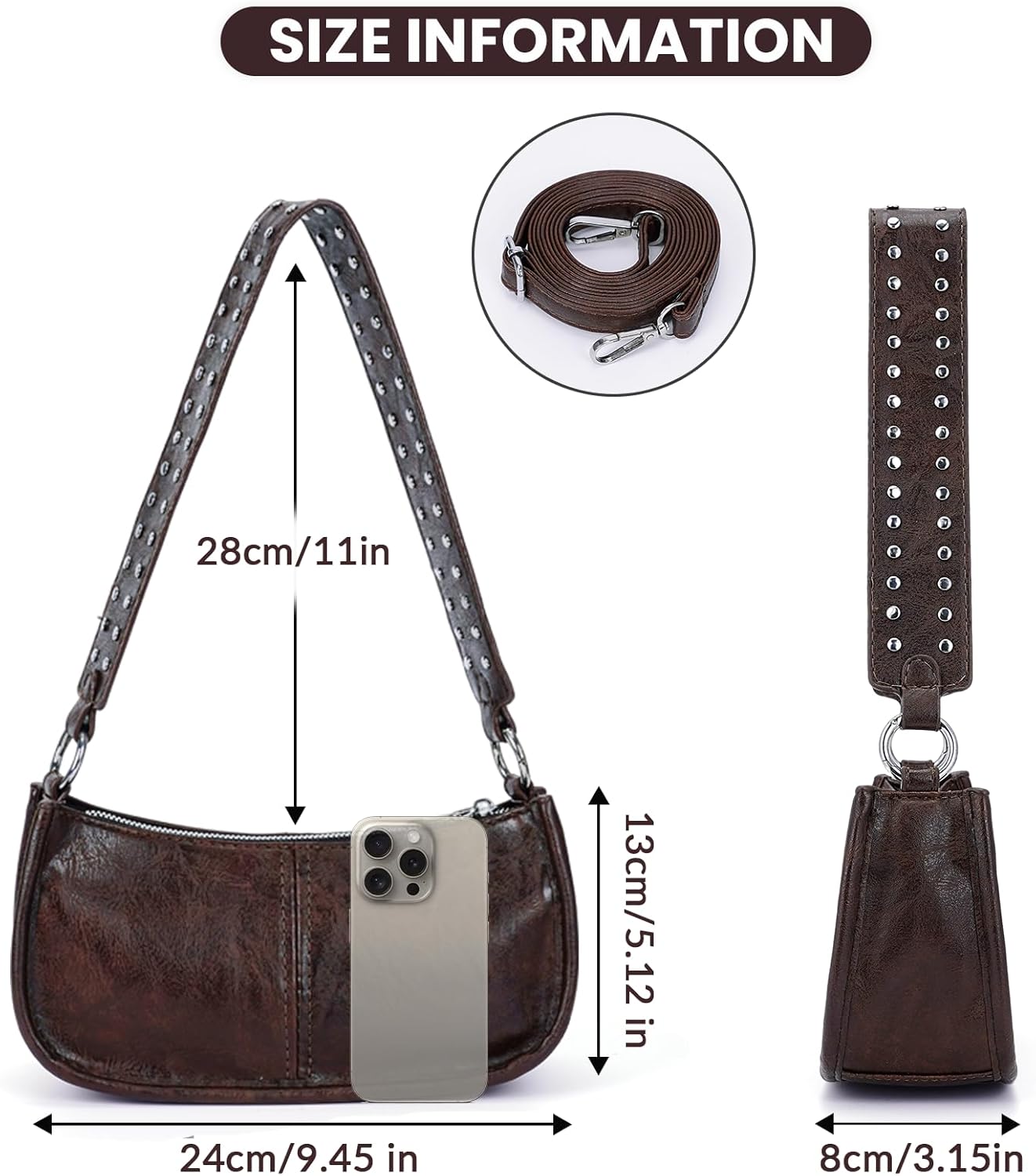 Shoulder Bags for Women Y2k Purse and Handbags Retro Studded Crossbody Bag Small Shoulder Purse Leather Hobo Handbag - Image 6