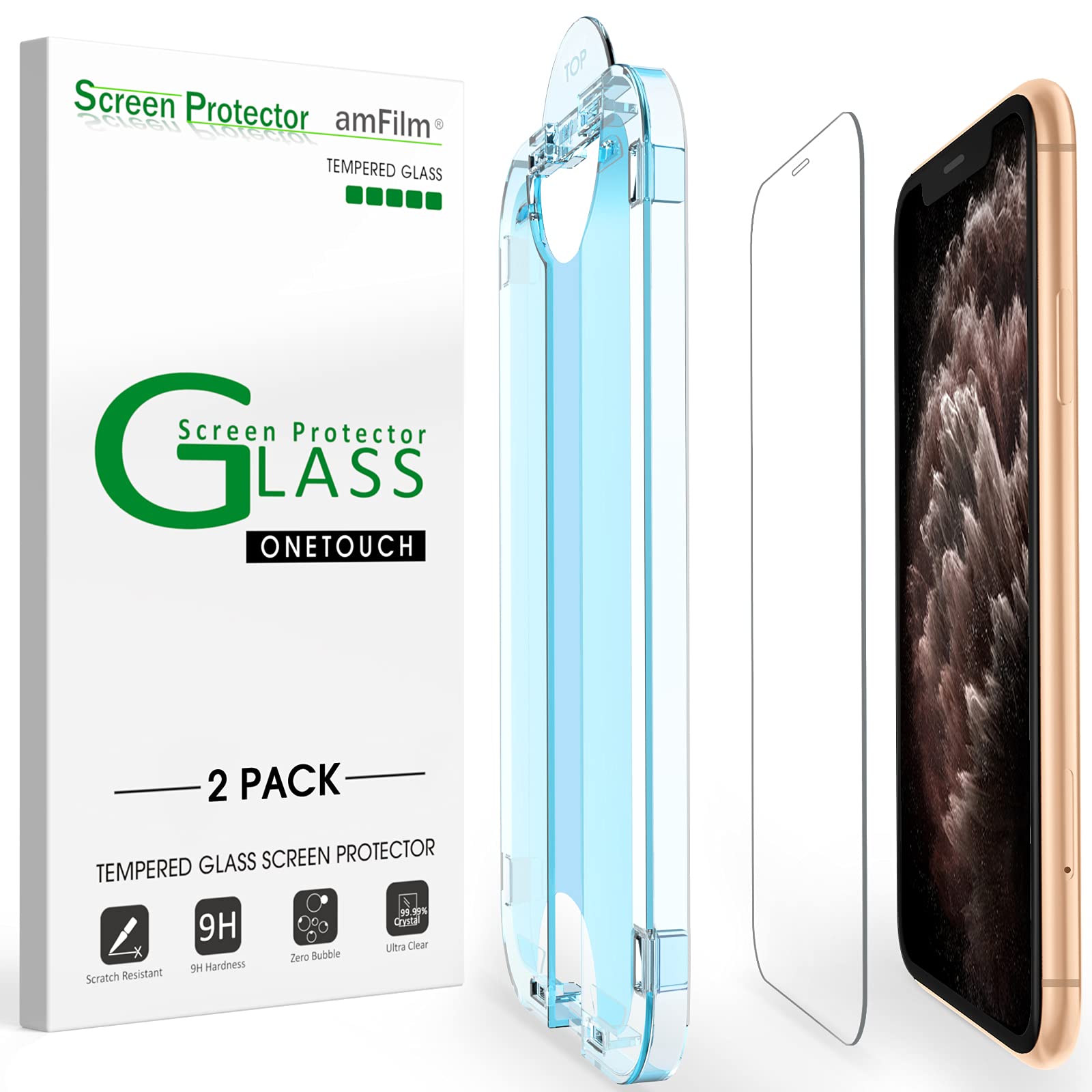 amFilm 2 Pack OneTouch Glass Screen Protector for iPhone 11 Pro (5.8") with Easy Installation Kit