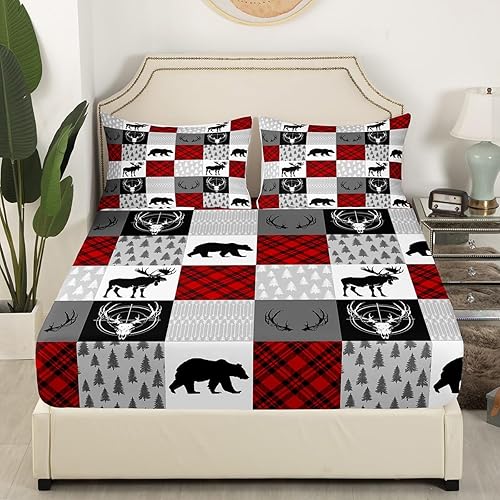 Miniatura 4 de Sábana bajera ajustable a cuadros de oso de ciervo, tamaño King, diseño de flechas de caza de animales salvajes, cornamenta, retazos, microfibra de