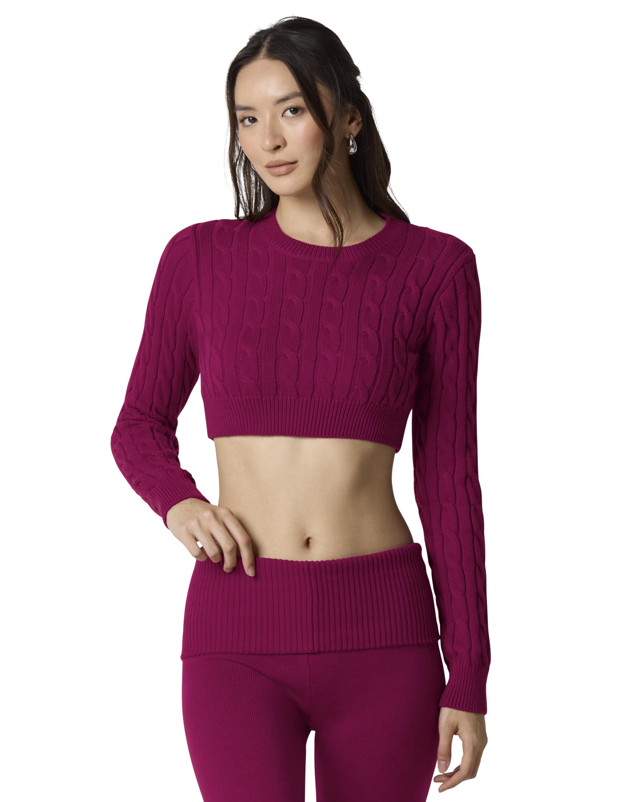 Florence by Mills Women's Barre Super Crop Cable Sweater, Bing Cherry, XL