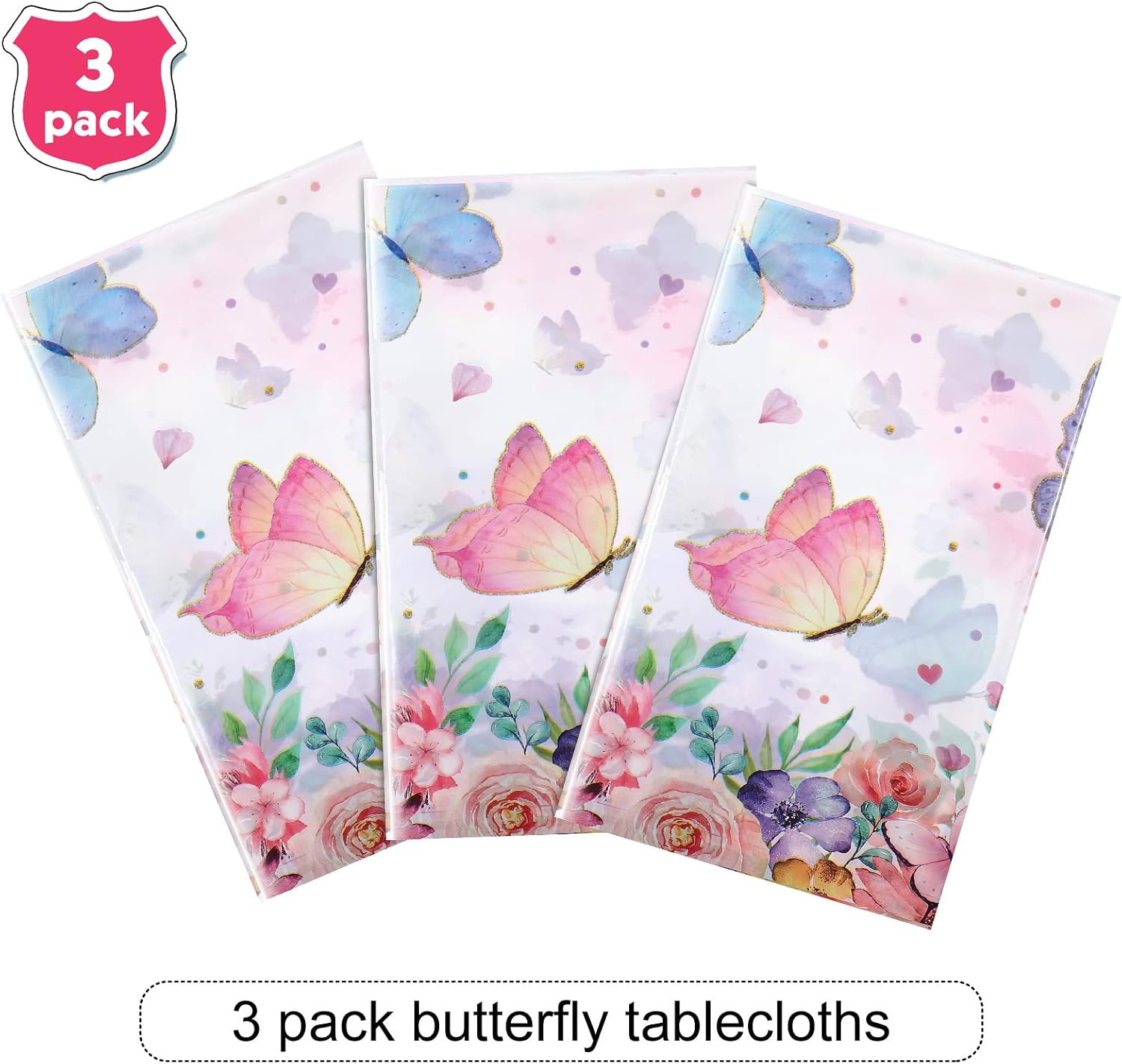Pajean 3 Pieces Butterfly Birthday Tablecloth Watercolor Purple Butterfly Table Covers Butterflies Party Rectangular Plastic Tablecloth for Spring Themed Party Table Decor,108 x 54 Inch