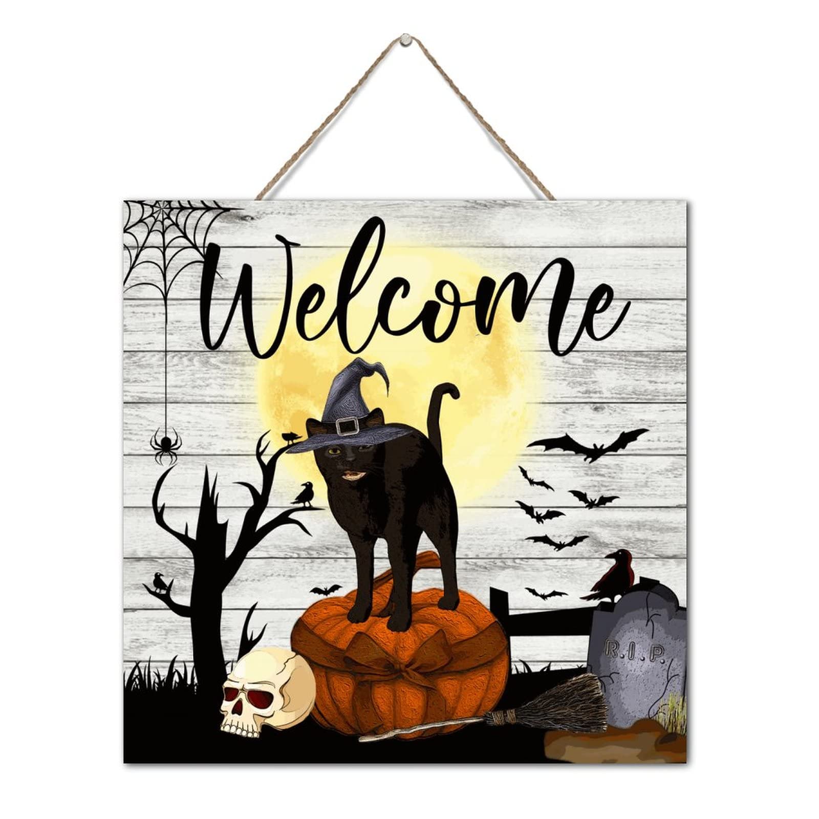 Décoration murale Halloween en bois welcome chat noir pour sublimer votre entrée