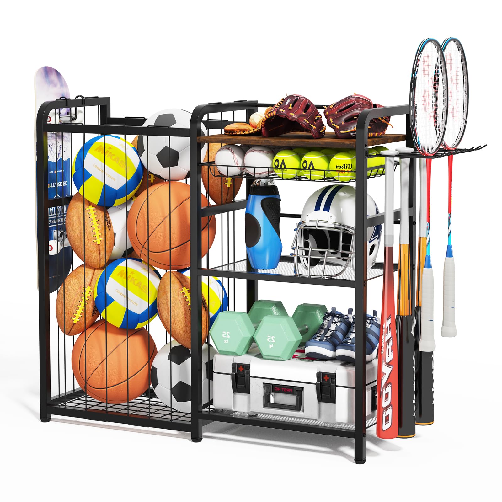 Homsorout Organizer für Sportgeräte, Ballaufbewahrung mit elastischen Bändern und abnehmbarem Korb für Garagenorganisation