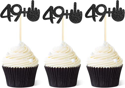 Gersoniel 24 Pieces 49 + 1 Cupcake Toppers Funny 50th Birthday Cupcake Picks Glitter Black Middle Finger Cake Toppers Fifty Cup Cake Decoration for Happy 50th Birthday Party Anniversary Decorations