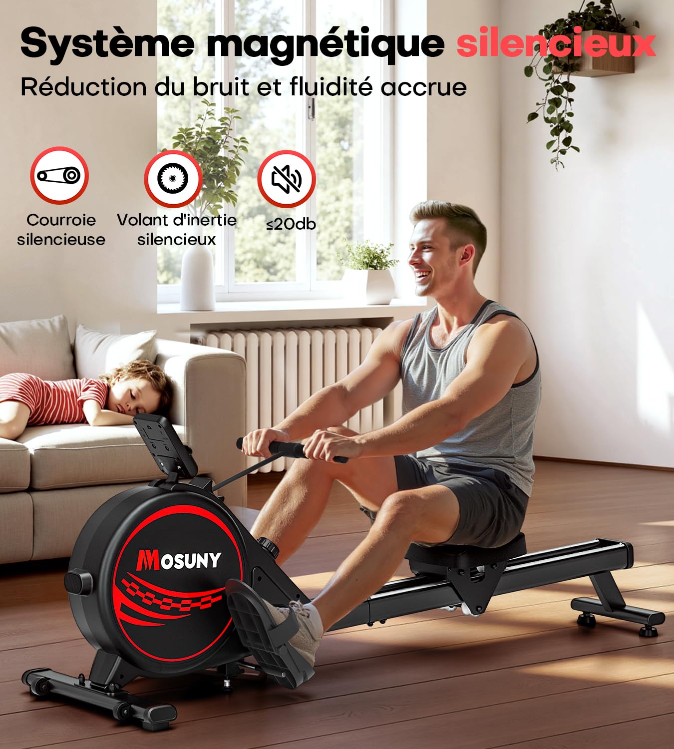 Rameur Musculation D'appartement, MOSUNY 16/32 Niveaux de Résistance Rameur Magnétique, Glissières Doubles améliorées, Ultra Silencieux, App-Compatible, Capacité de Poids jusqu'à 160/180 kg