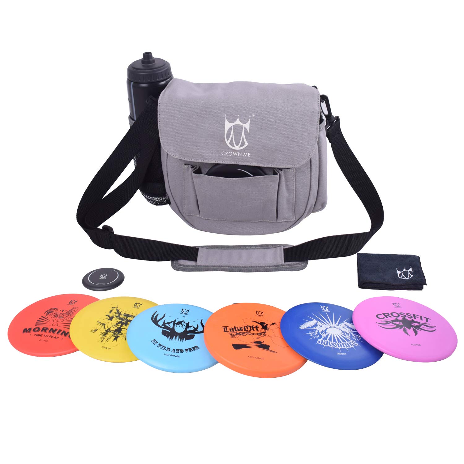 CROWN ME Disc Golf Set, Disc Golf Starter Set,Includes 1pc Bag with Water Bottle Pocket and Accessory Pocket, 2pcs Drivers, 2pcs Mid-Ranges, 2pcs Putters, 1pc Mini Disc Marker and 1pc Towel
