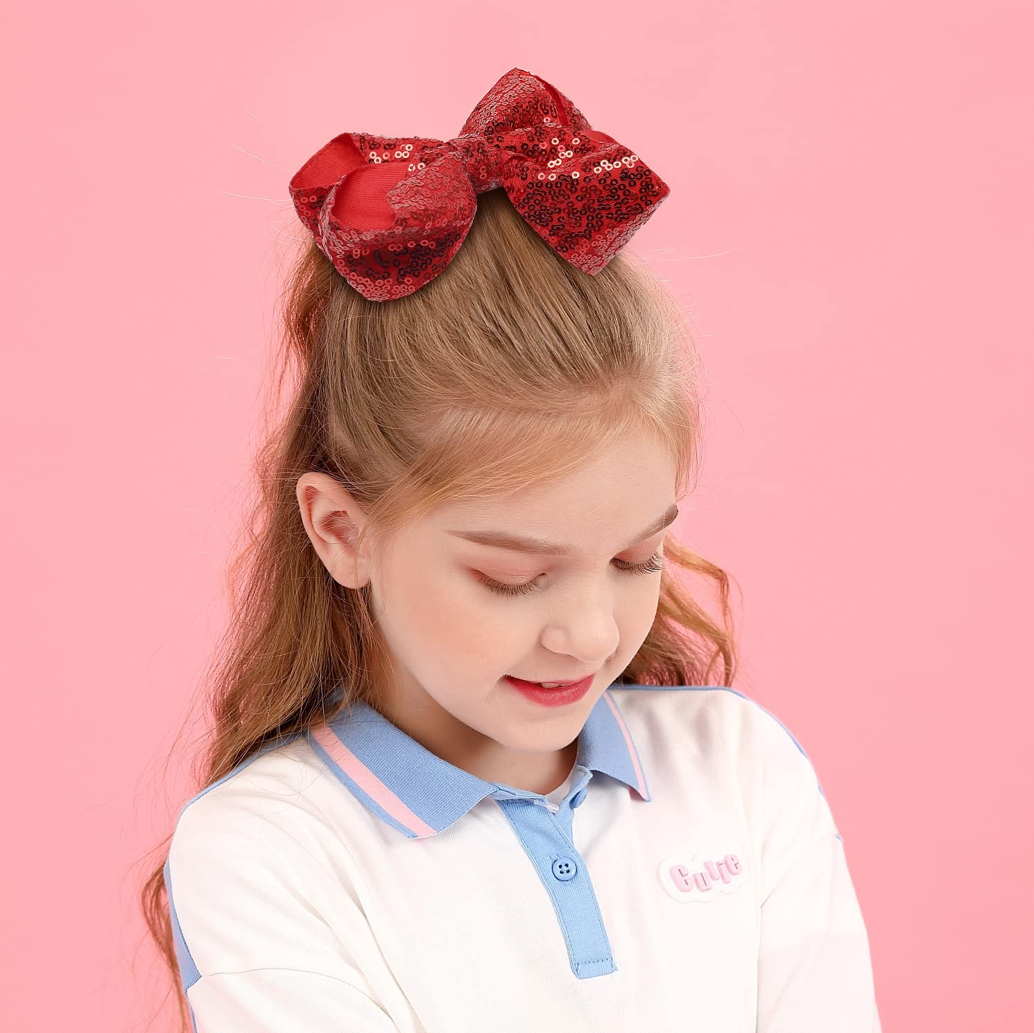 6 Inch Red Sparkly Glitter Sequin Hair Bows for Girls Toddlers Kids Children Teenage (2PCS) - Image 2