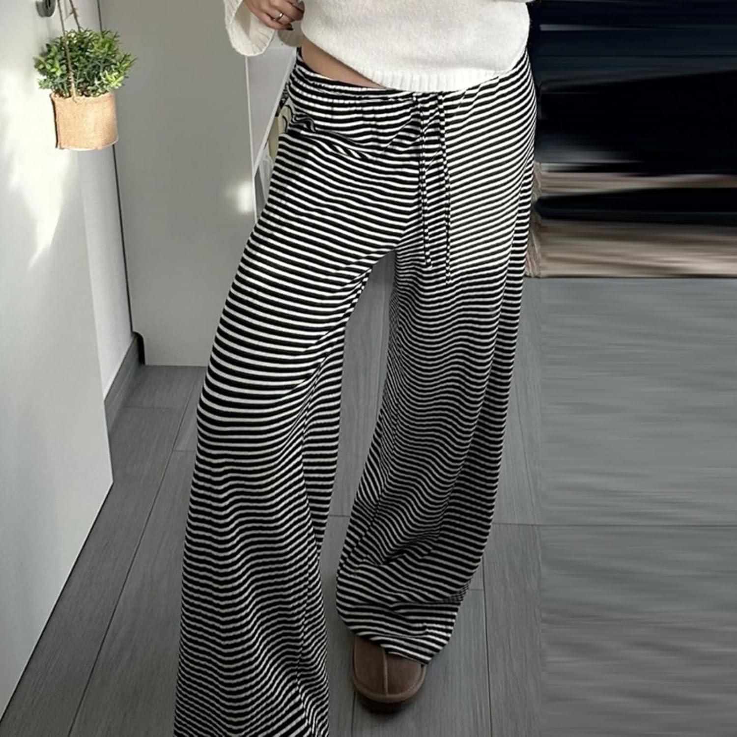 Striped Wide Leg Pants for Women - Casual Loose Fit High-Waisted Drawstring Pajama Pants - Straight Trousers - Image 2