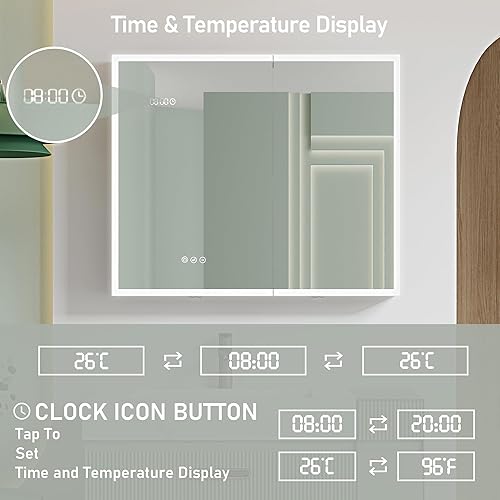 Miniatura 9 de MIRPLUS Botiquín de baño de 36 x 30 pulgadas con espejo LED, 3 luces de color y ajuste de brillo, pantalla antivaho de tiempo y temperatura, montaje