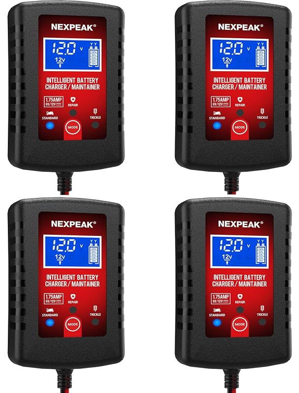 Kit com 4 Carregadores Inteligentes de Bateria NEXPEAK 1,75 A, 6 V e 12 V, com Tela LCD e Manutenção, 4P-NC175