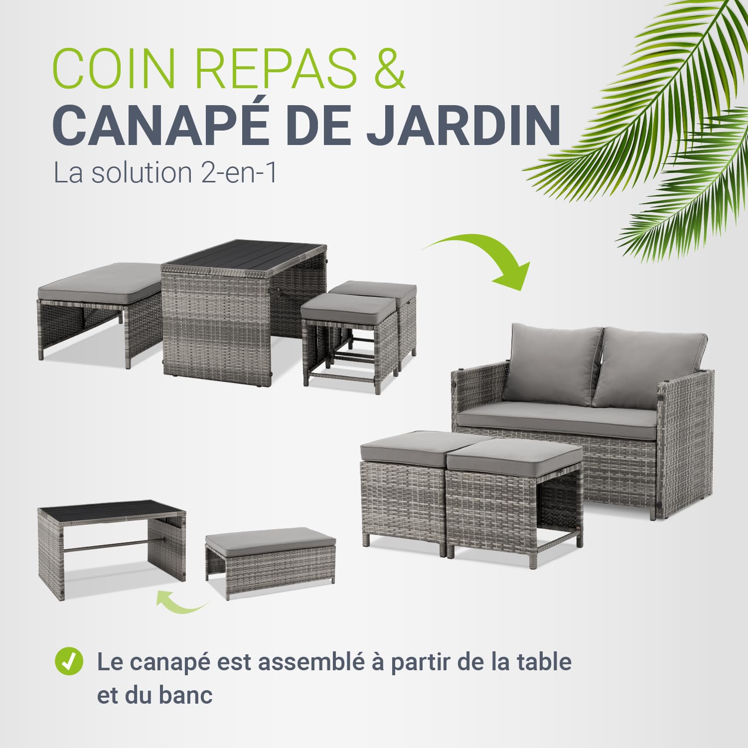 Juskys Ensemble mobilier de Jardin 2 en 1 en polyrotin Jamaika - Table, canapé Lounge - Salon de Balcon ou d’extérieur Gris chiné