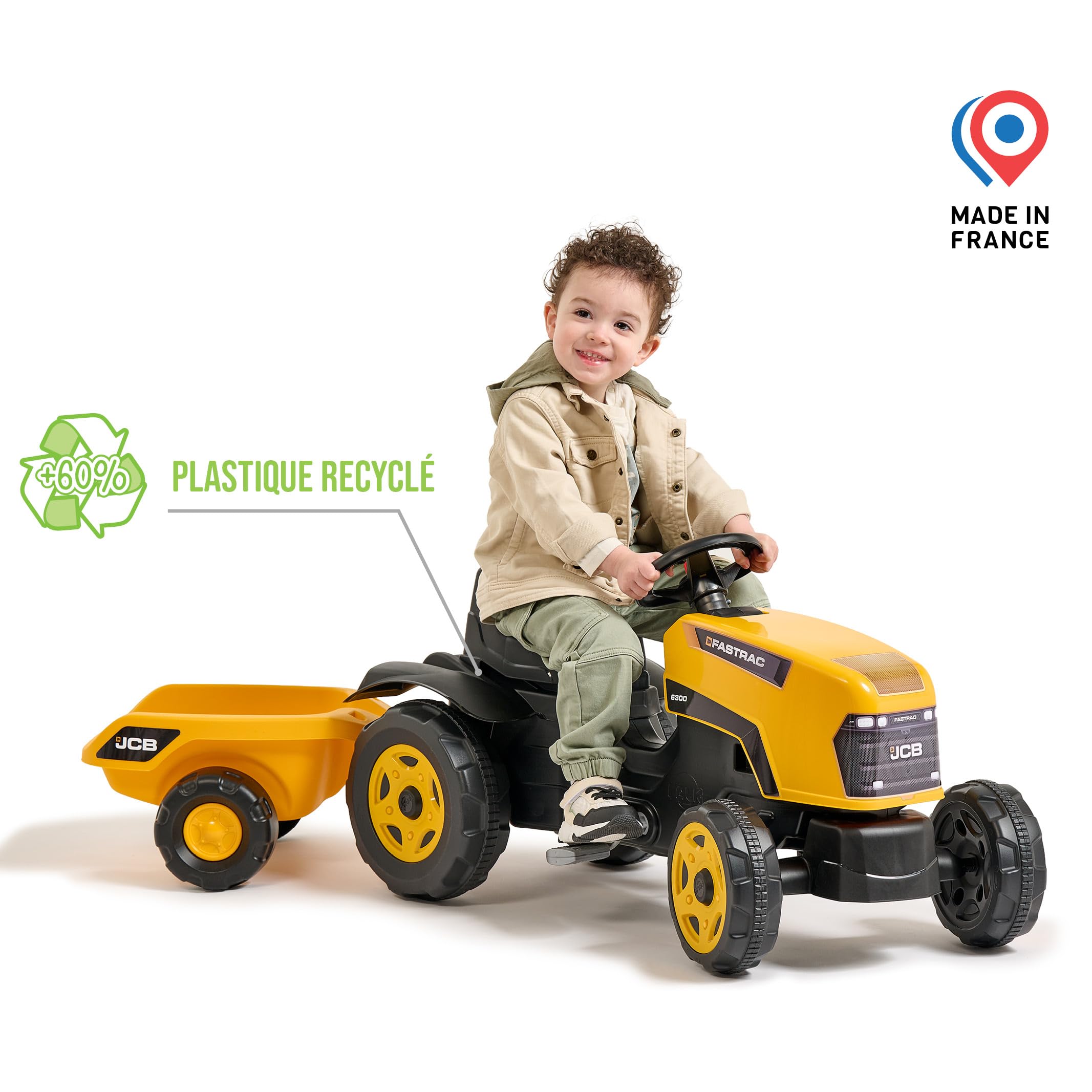 Falk JCB Traktor mit Pedalen für Kinder, mit Anhänger, ab 2 Jahren | Haube zum Öffnen und verstellbarer Sitz