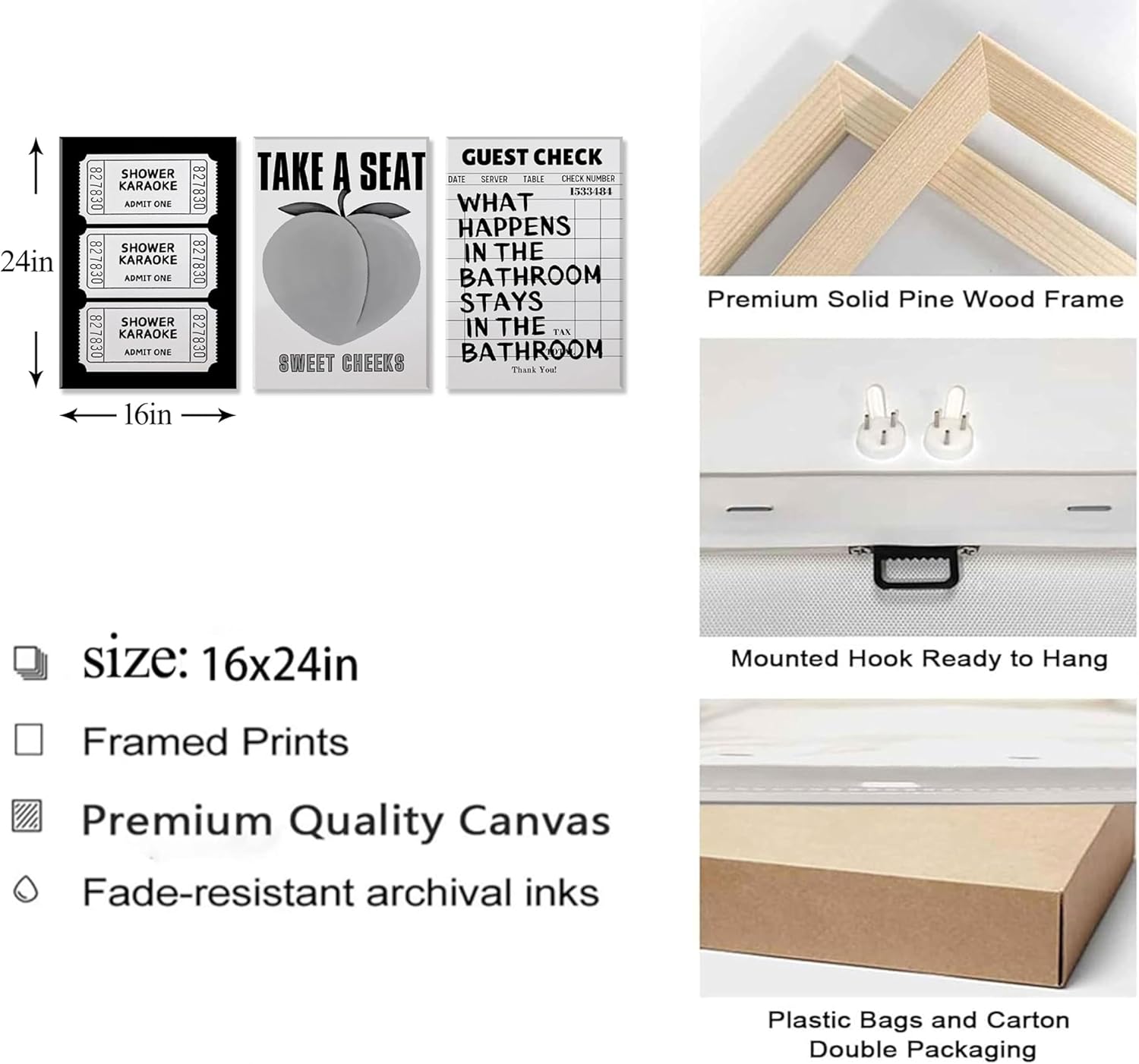 3Pcs Funny Bathroom Canvas Wall Art Humor Black and White Pictures Vintage Cute Preppy Posters Take A Seat Sweet Cheeks Peaches Prints Guest Bill Shower Karaoke Wall Decor 16x24in Framed