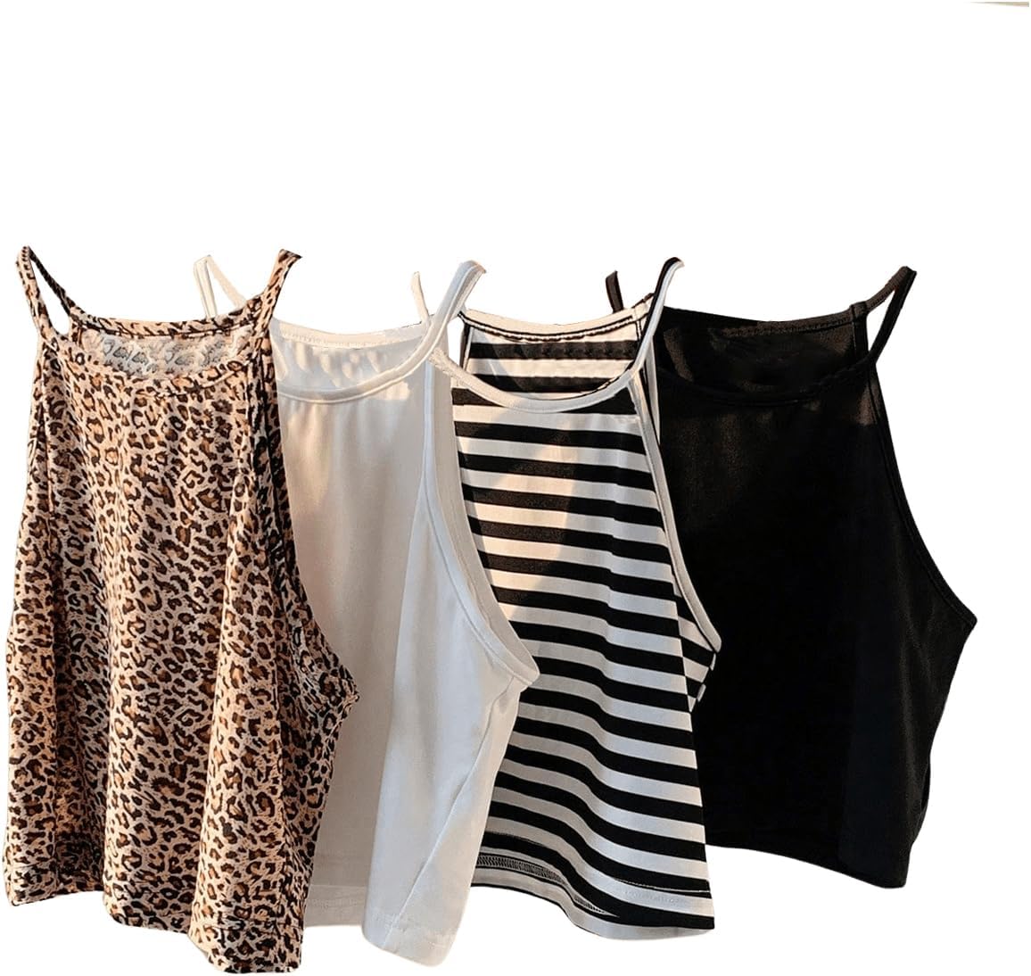 OYOANGLE Women's 4 Pack Leopard Print Crew Neck Cami Top Striped Sleeveless Crop Tank Tops - Image 6