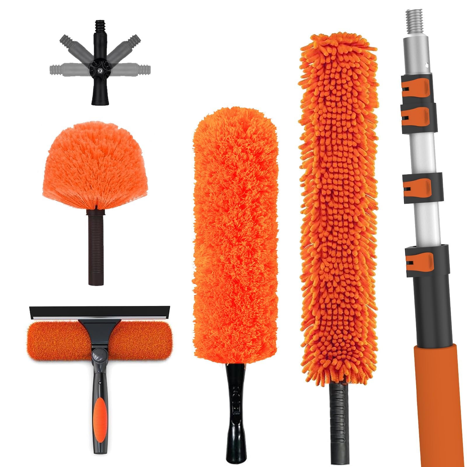 26FT High Reach Duster Cleaning Kit with Extension Pole, High Ceiling Fan Cleaner Duster Tool for Fan Blades, Window Washing Kit with Microfiber Feather Duster & Window Squeegee