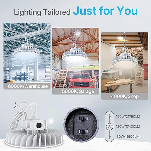 Miniatura 3 de HYPERLITE Luces LED de alta bahía 150 W 21,000 lm (140 lmw) 5000 K CRI80 1-10 V regulable UL listado gancho colgante seguro cable de 5 pies con