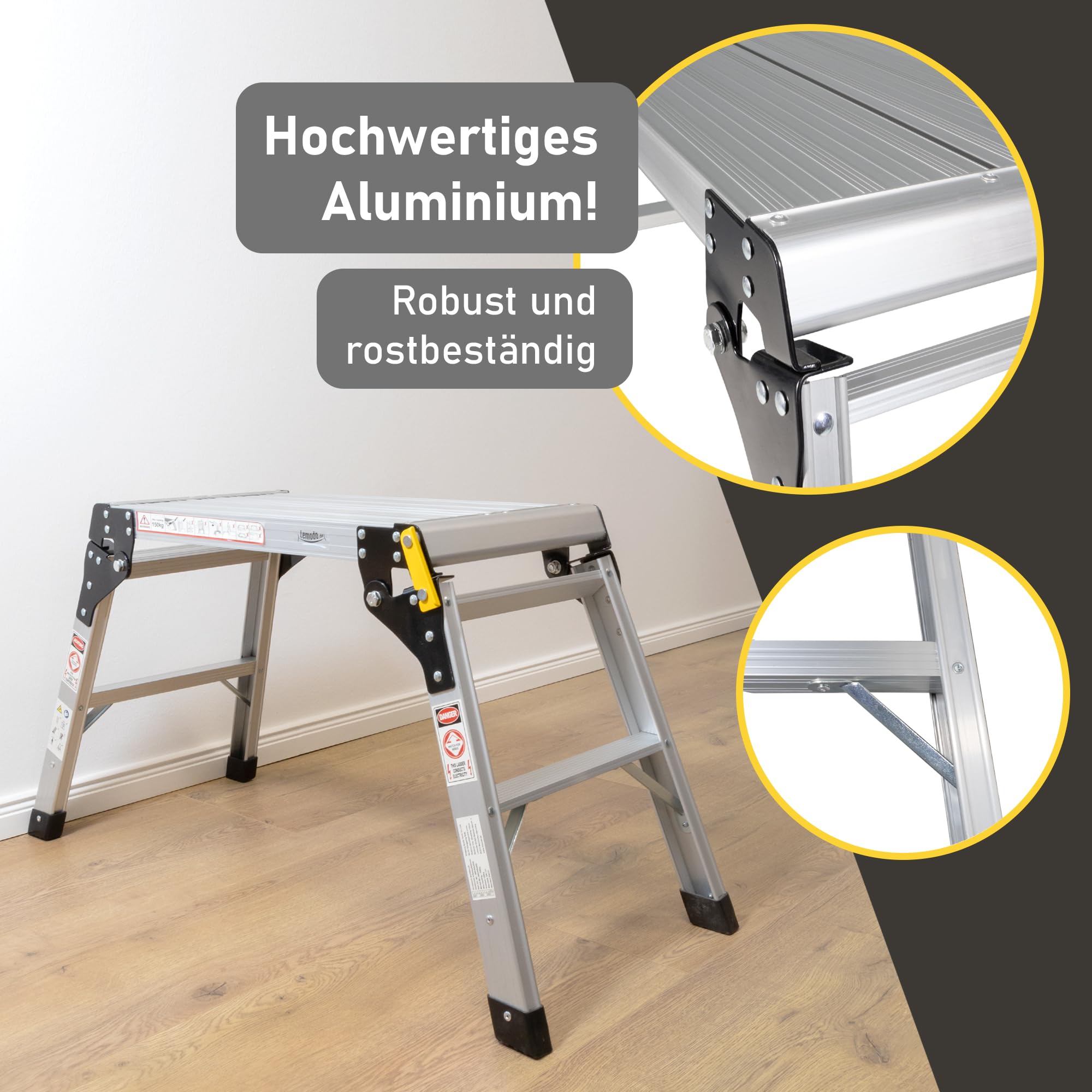 LEMODO Arbeitsplattform | Arbeitsbühne mit Antirutsch-Oberfläche 51 x 30 cm | Laufbühne bis zu 150 kg belastbar | Aluleiter mit 2 Stufen | Plattformleiter
