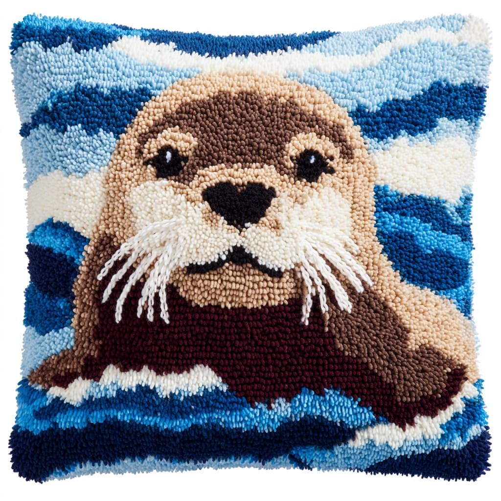 Taxpy DIY Latch Hook Kits, Animal sea Lion Pillow Embroidery Carpet Set Needlework Crocheting Cushion Pillow Case Embroidery Set 43x43cm