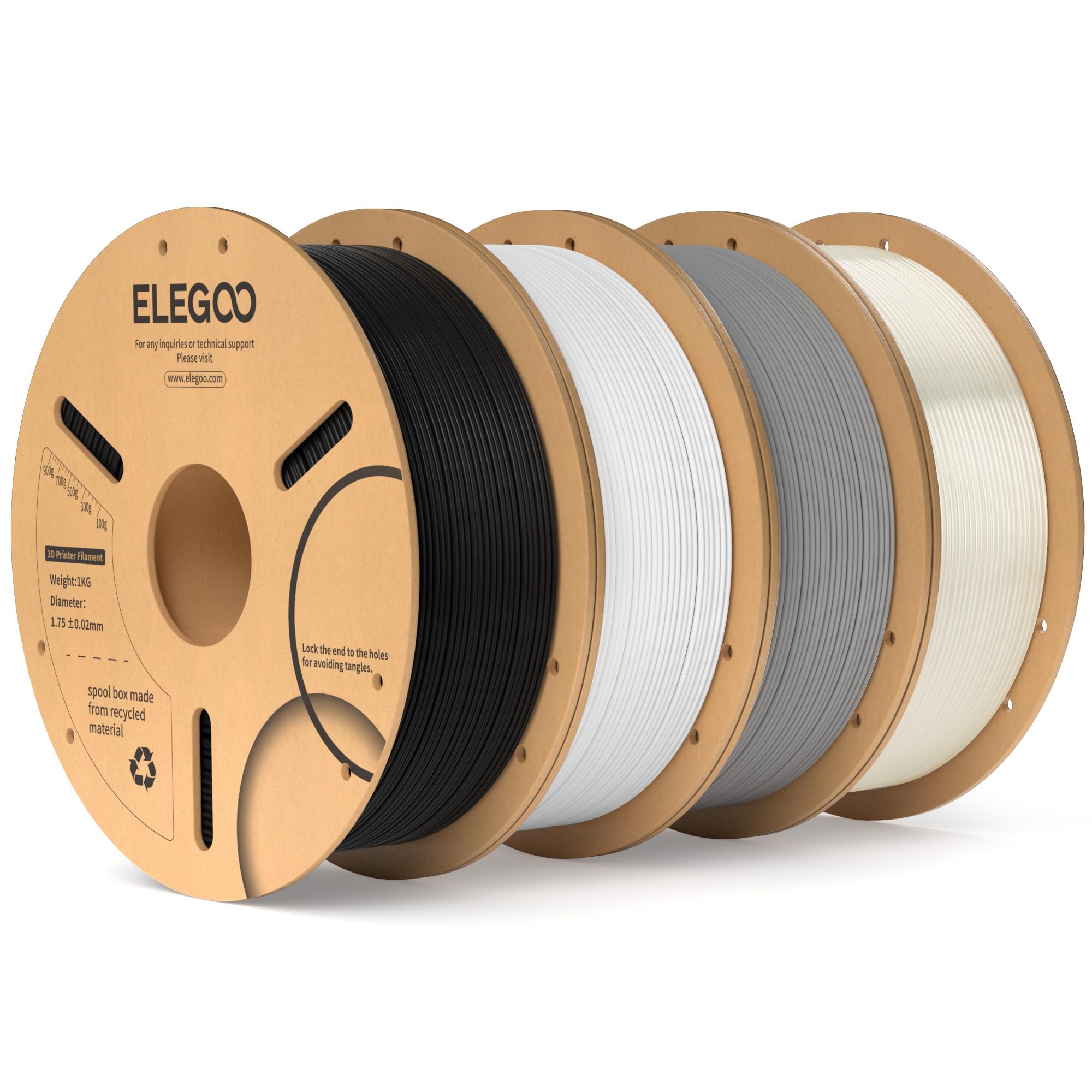 ELEGOO PLA Filament 1.75 mm Black/White/Grey Semi-Transparent 4 kg, 3D Printer Filament, Dimensional Accuracy +/- 0.02 mm, 4 kg Cardboard Spool, Filament 3D Printing Materials for FDM 3D Printers