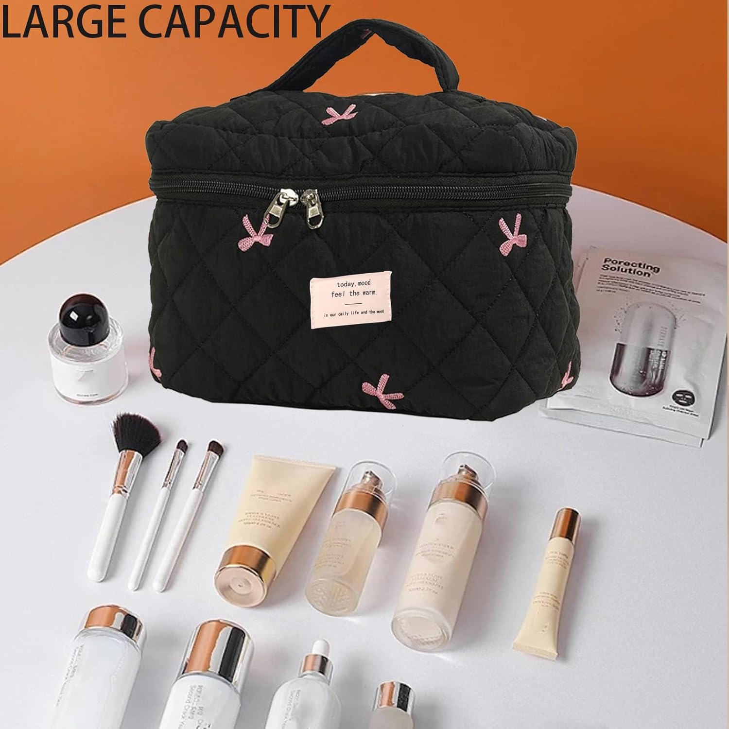 Quilted Makeup Bag Large Cosmetic Bags for Women Girls,Floral Coquette Aesthetic Travel Toiletry Bag,Black Make Up Organizer Bag - Image 4