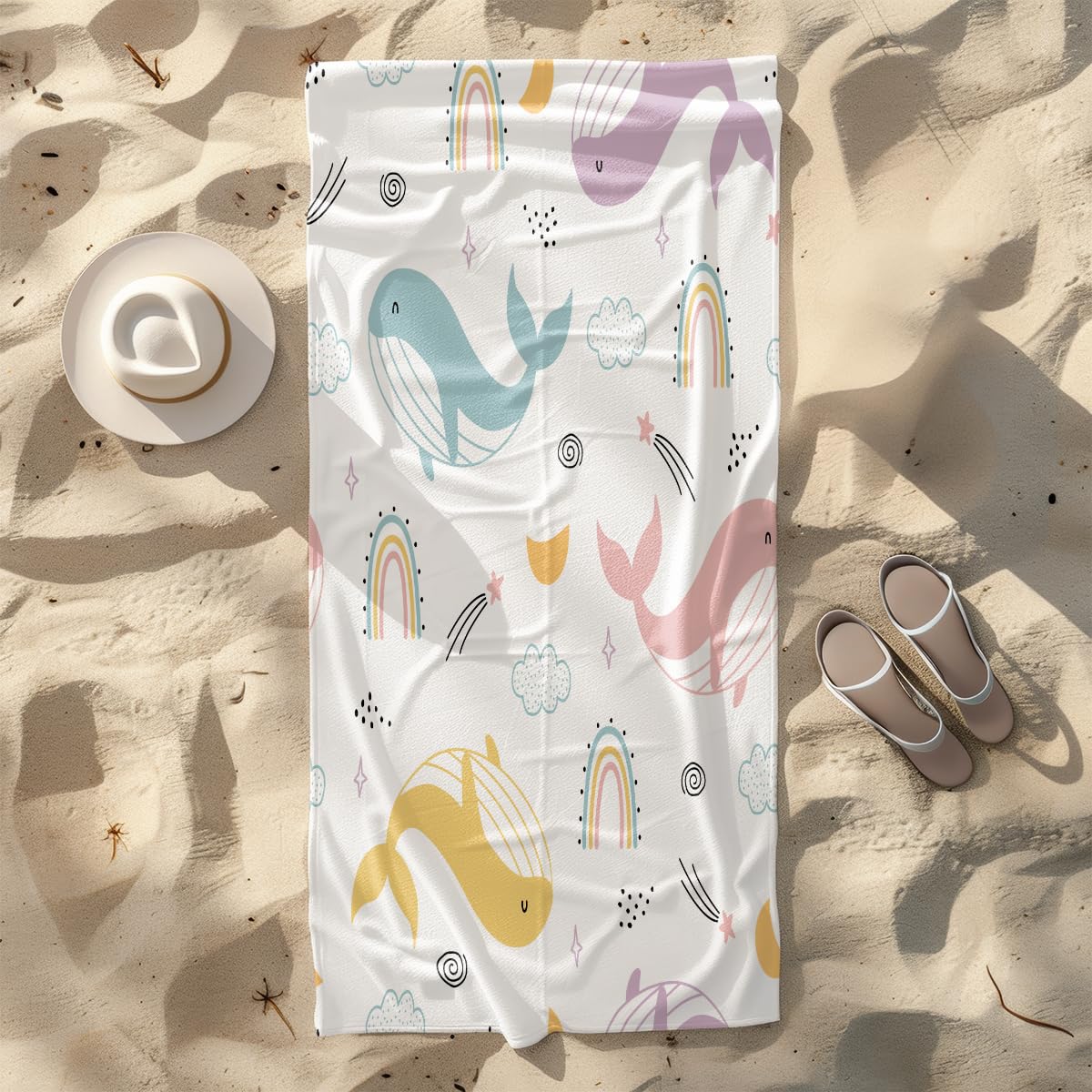 Serviette de Plage Baleine Rose Jaune Serviette de Bain Sport Piscine Toilette Microfibre Piscine Anti Sable Drap de Plage Bain xxl Ultraléger Portable Towel Absorbant Séchage Rapide 200x220cm