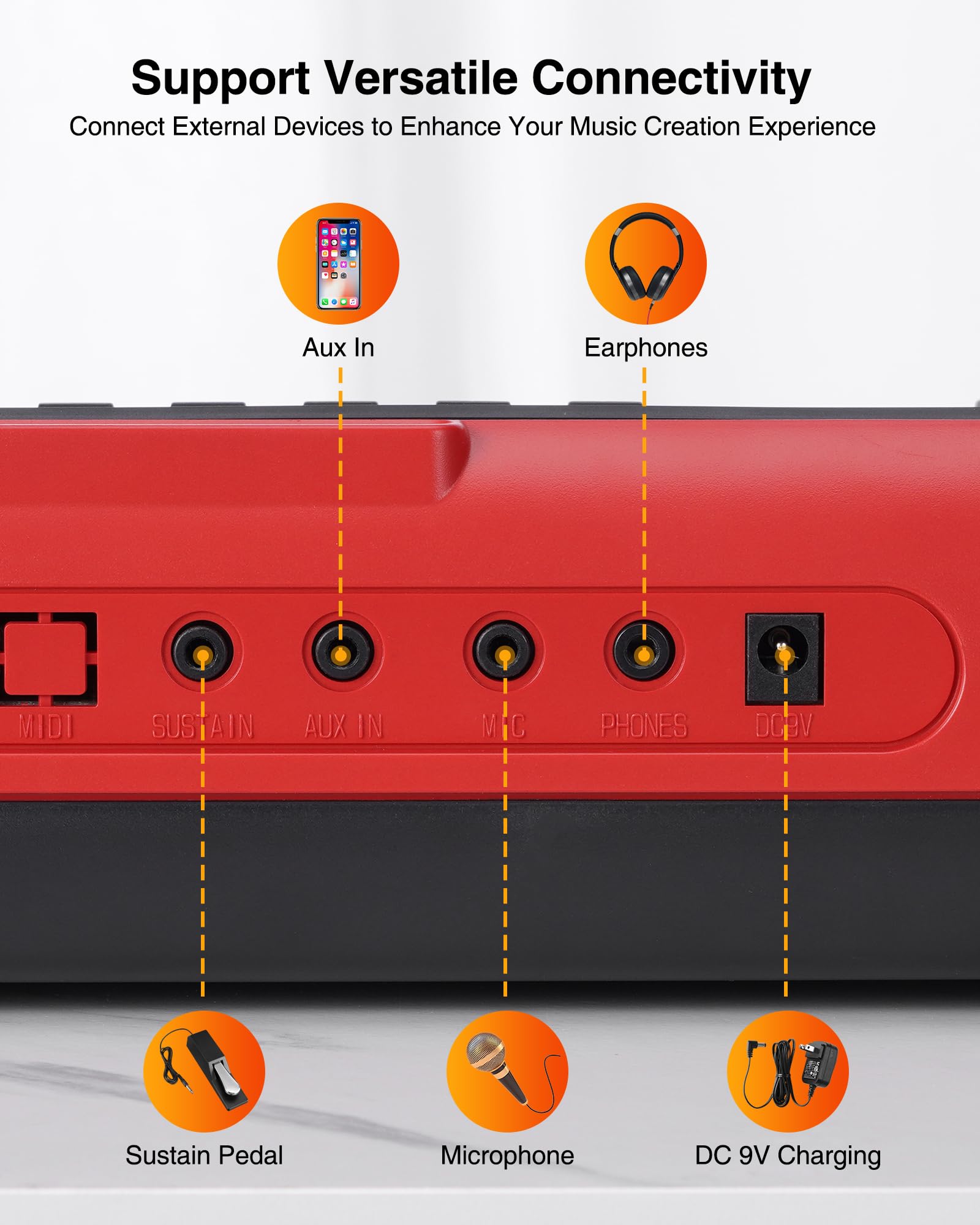 LEKATO Keyboard Piano mit 61 Tasten, Elektronisches Keyboard für Einsteiger mit Beleuchtete Tasten und LED-Anzeige, eingebaute Doppellautsprecher, Lernmodi, Notenständer, Rot