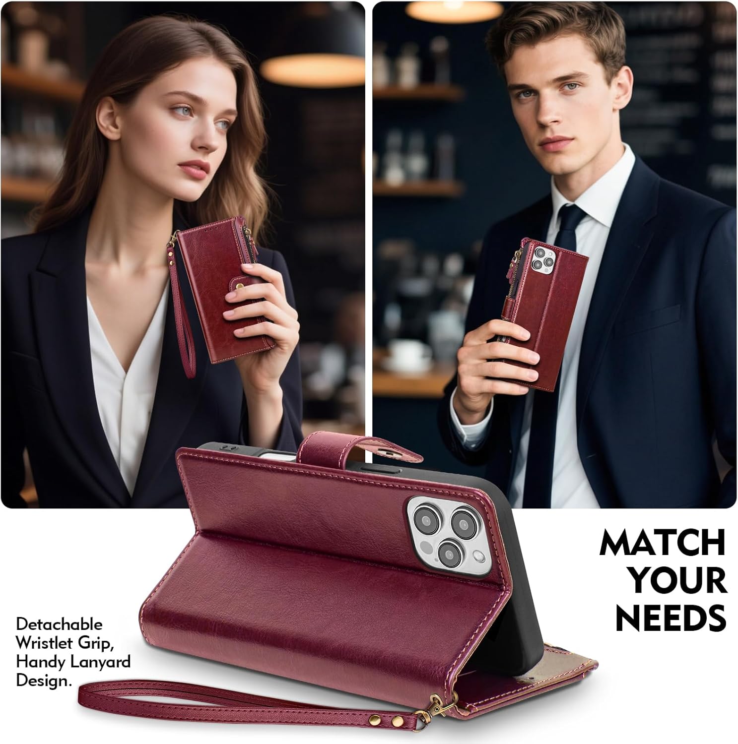 Compatible with iPhone 16 Pro Wallet Case with Card Holder RFID Blocking Zipper Poket PU Leather Flip Phone Case with Wrist Strap Credit Card Slots Men Women,for Apple 16 Pro 6.3",Wine Red - Image 4